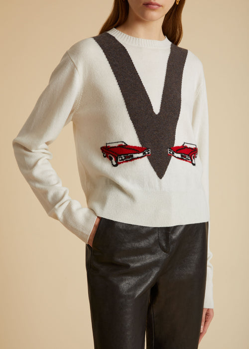 The Mavis Sweater in Ivory with Car Print