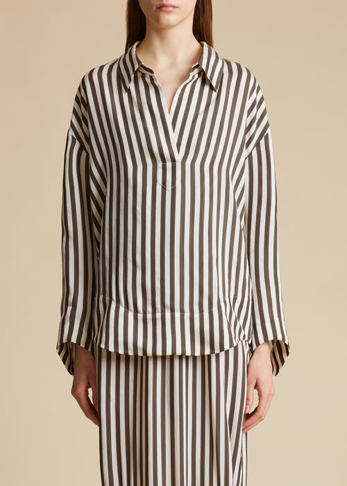 The Melan Top in Ivory and Dark Brown Stripes