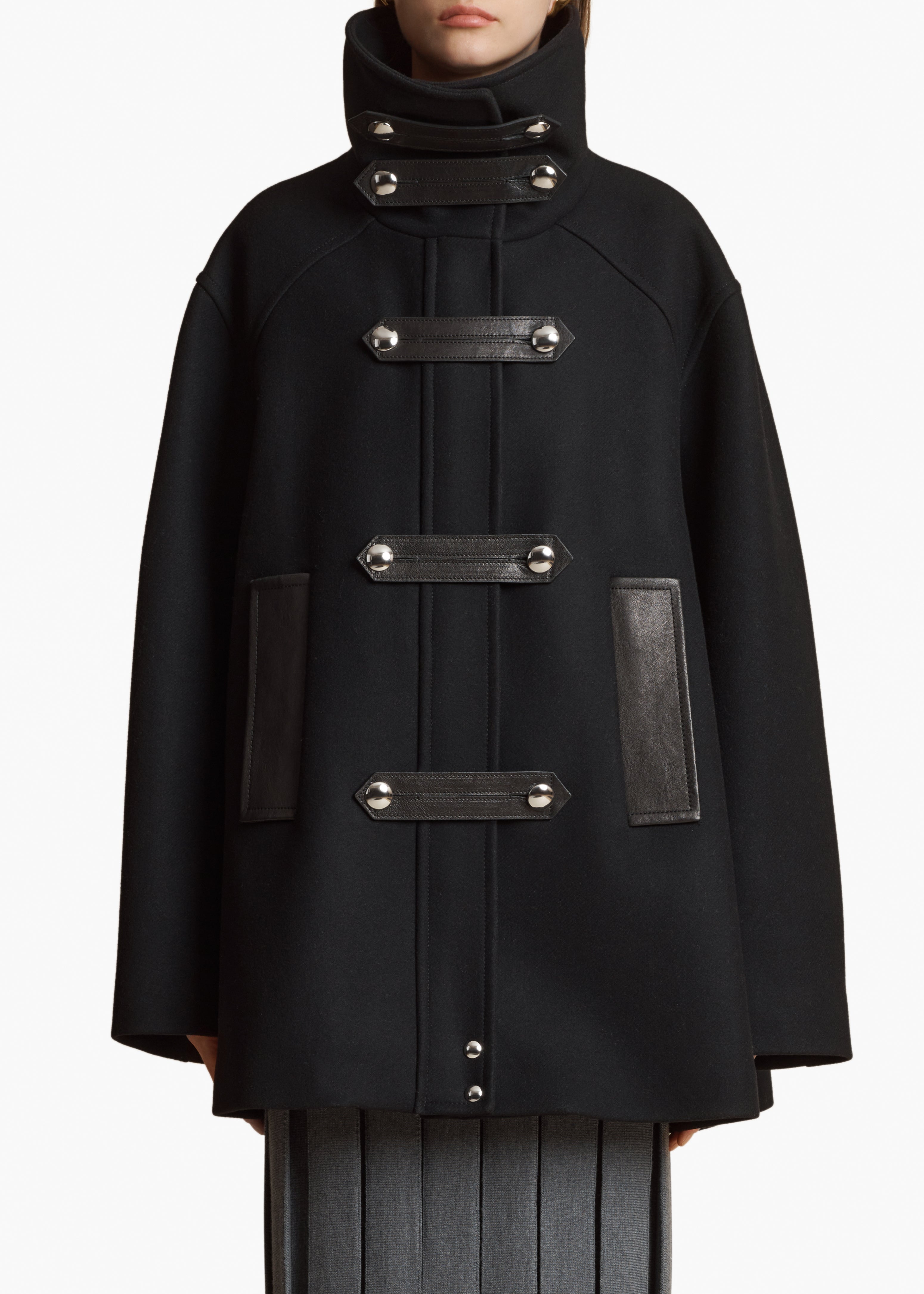 MELBO COAT IN BLACK LEATHER COMBO FRONT VIEW