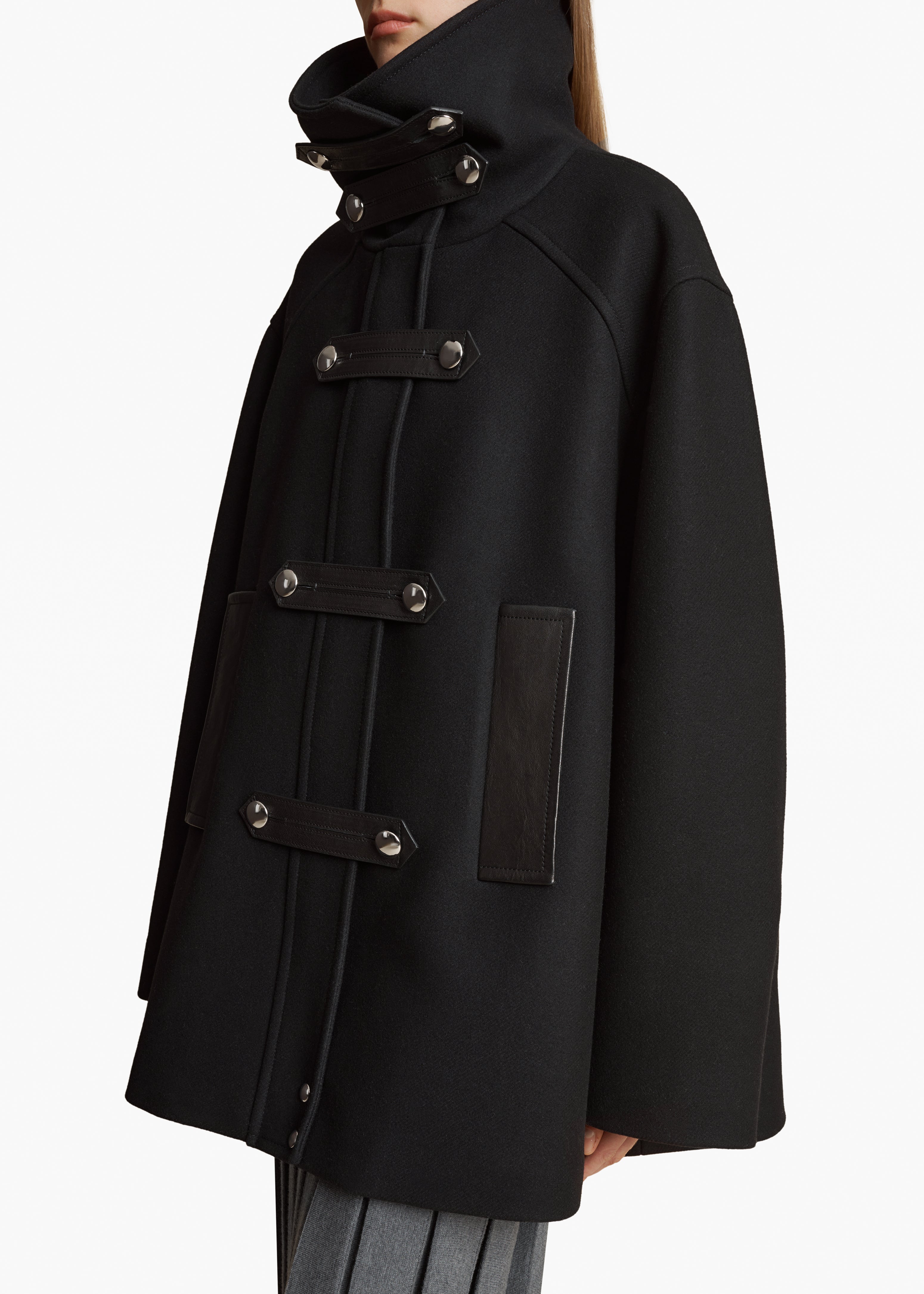 MELBO COAT IN BLACK LEATHER COMBO DETAILED VIEW 1