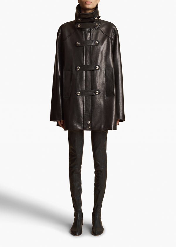 MELBO COAT IN BLACK LEATHER FRONT VIEW STYLED