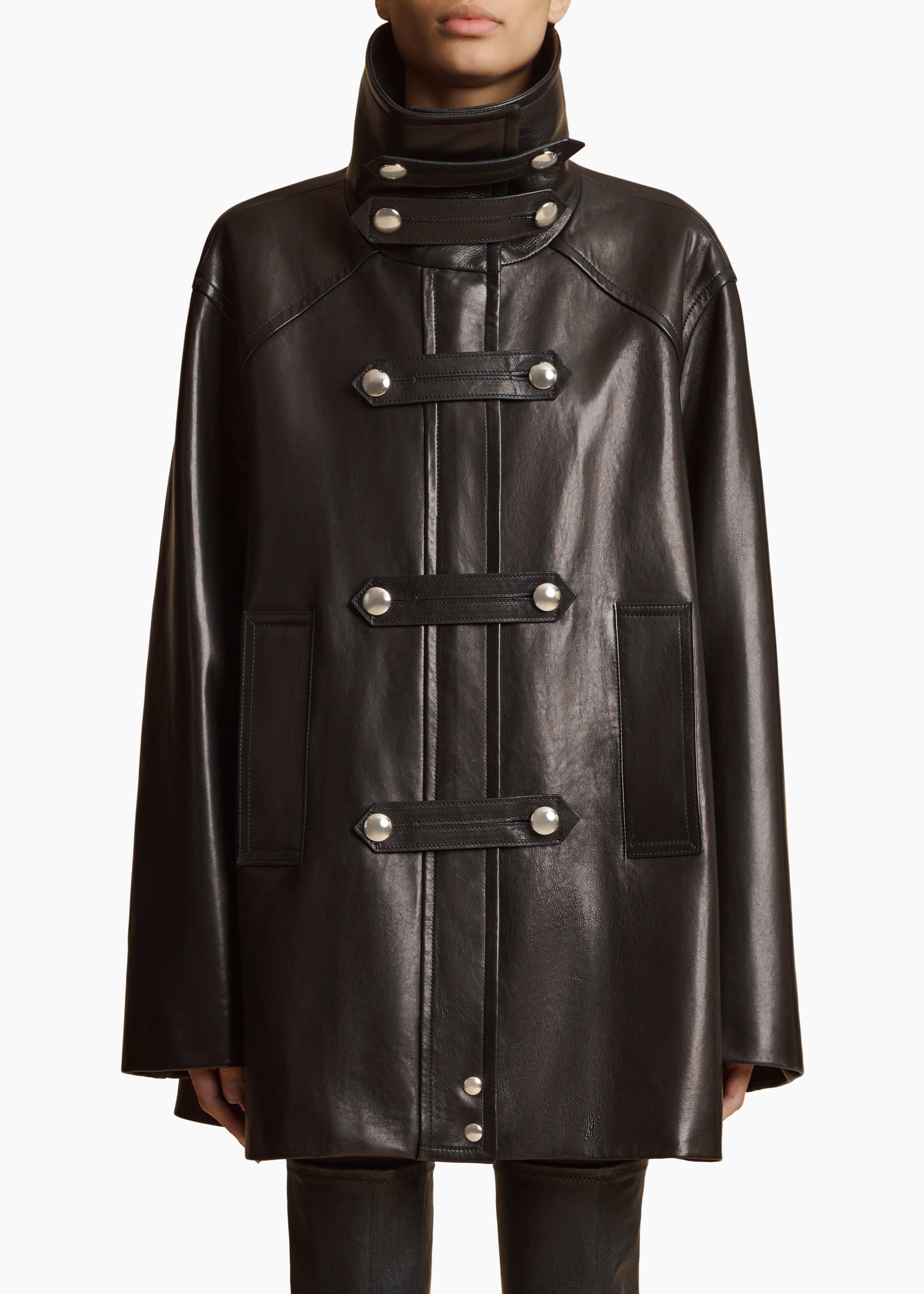 MELBO COAT IN BLACK LEATHER FRONT VIEW