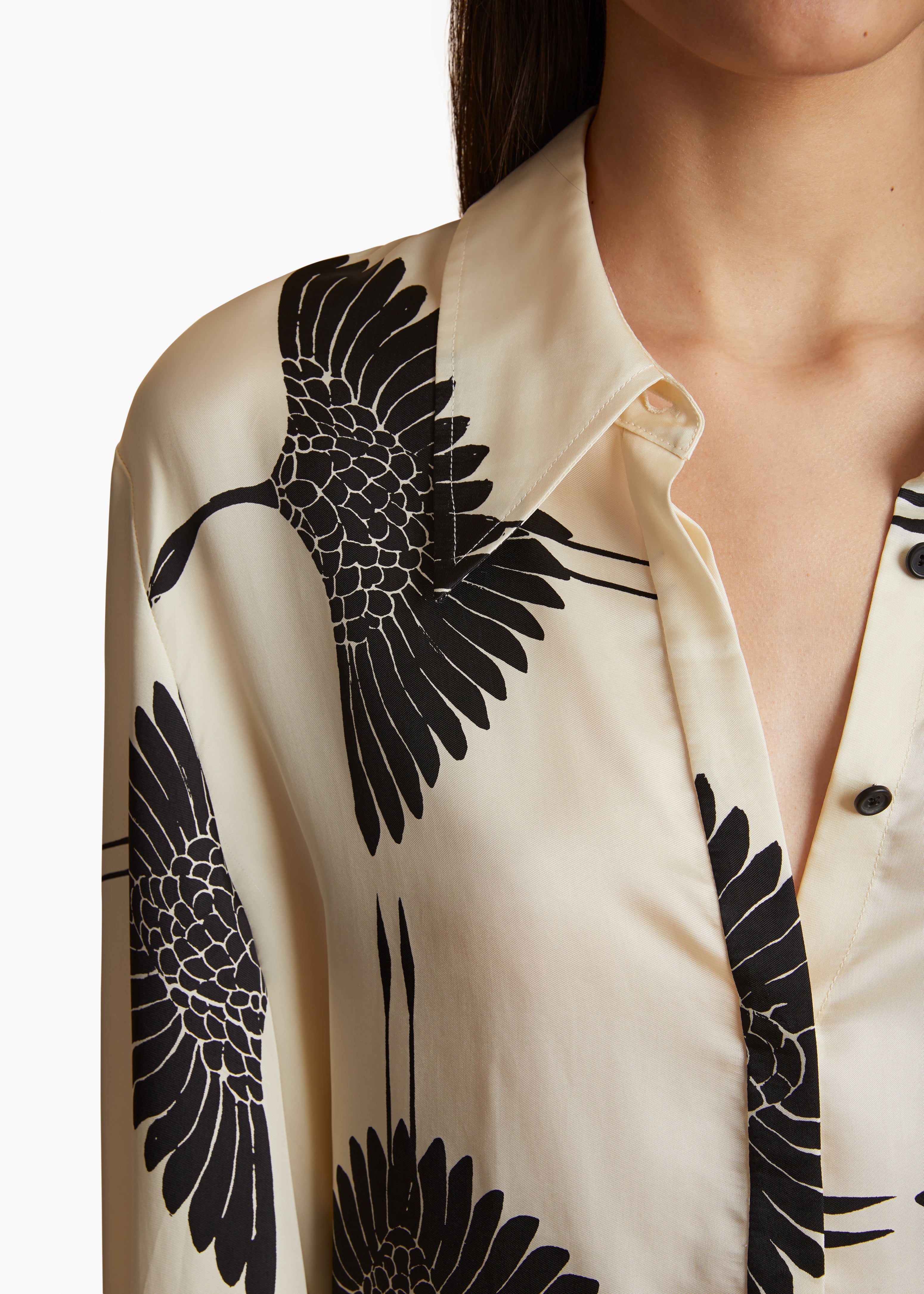 MINTA TOP IN CREAM AND BLACK CRANE PRINT DETAILED VIEW 1