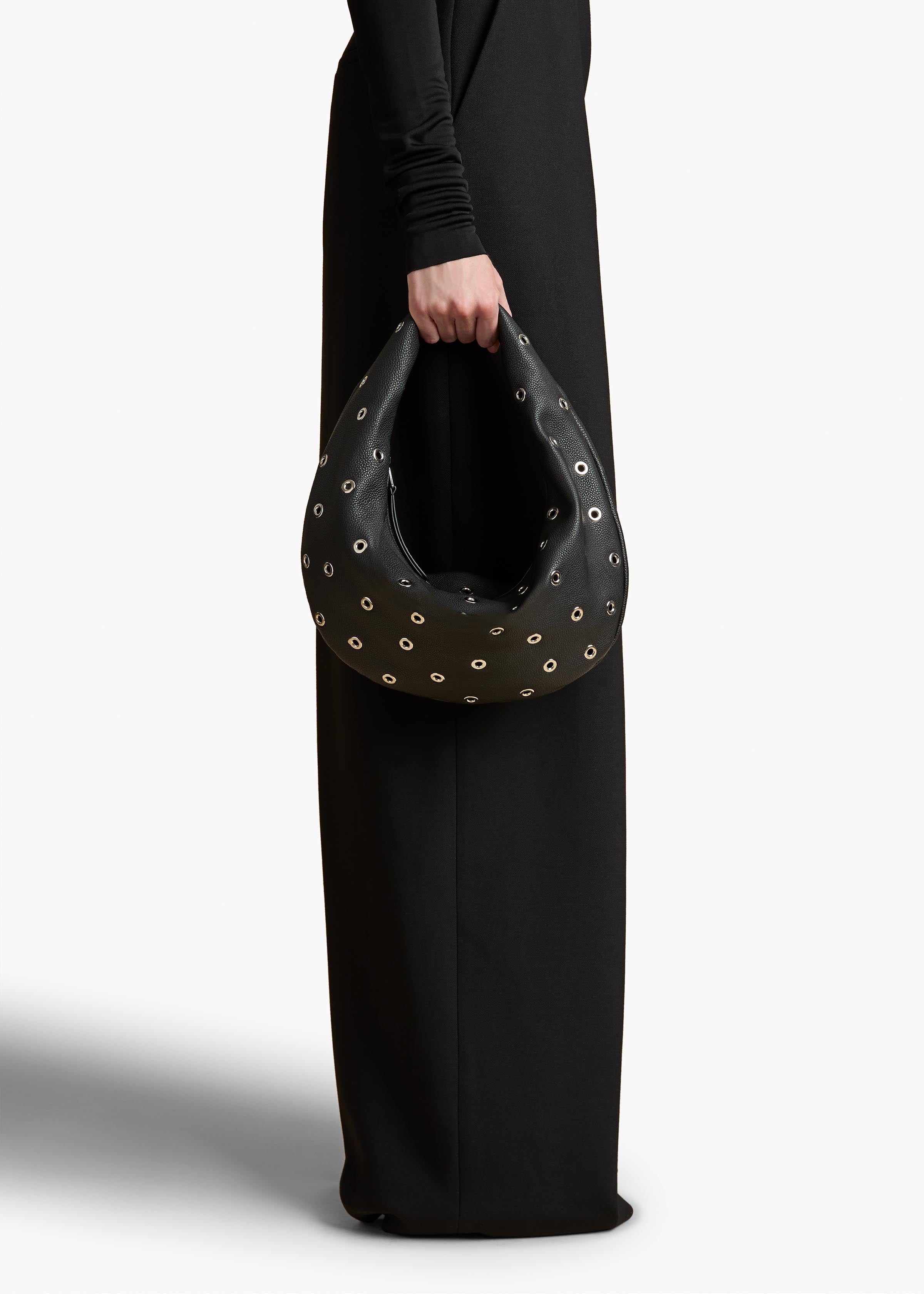 Medium Olivia Hobo in Black Pebbled Leather with Grommets ON FIGURE