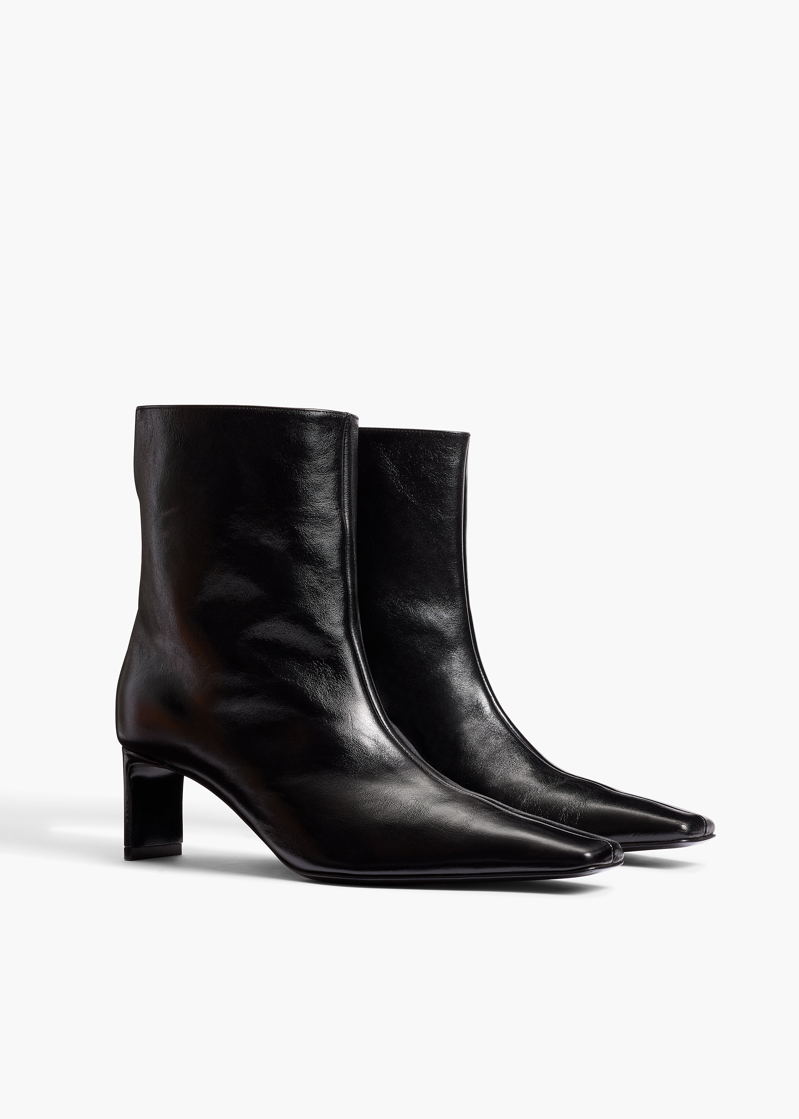 Ona Ankle Boot in Black Glazed Leather ANGLED VIEW