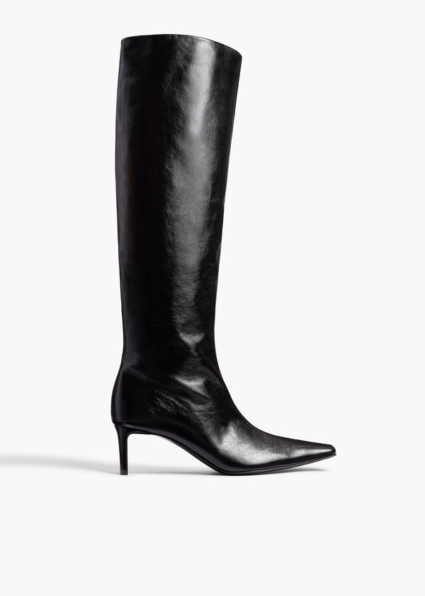 Ona Knee-High Boot in Black Glazed Leather FRONT VIEW