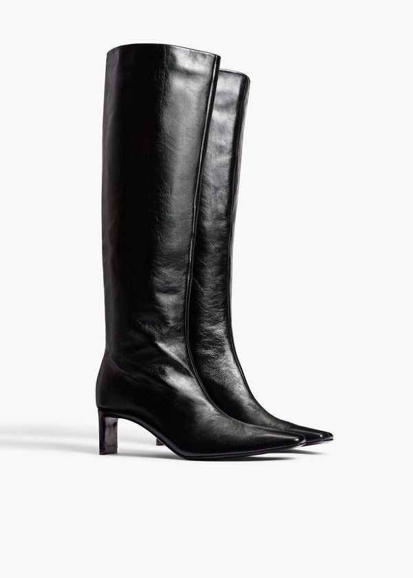 Ona Knee-High Boot in Black Glazed Leather