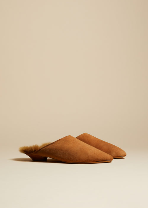 The Otto Mule in Nougat Suede with Shearling