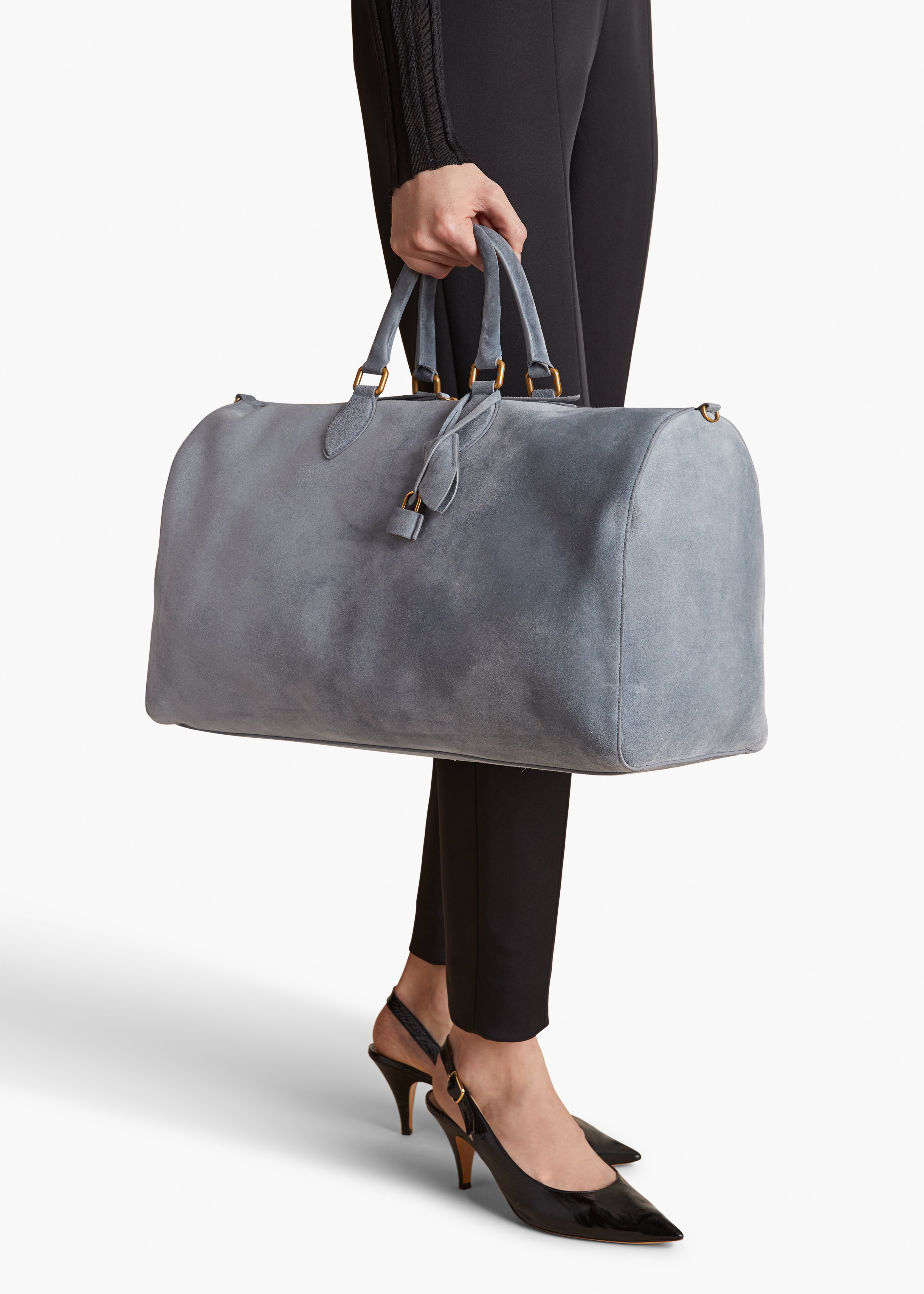 PIERRE WEEKENDER BAG IN LEAD SUEDE STYLED VIEW