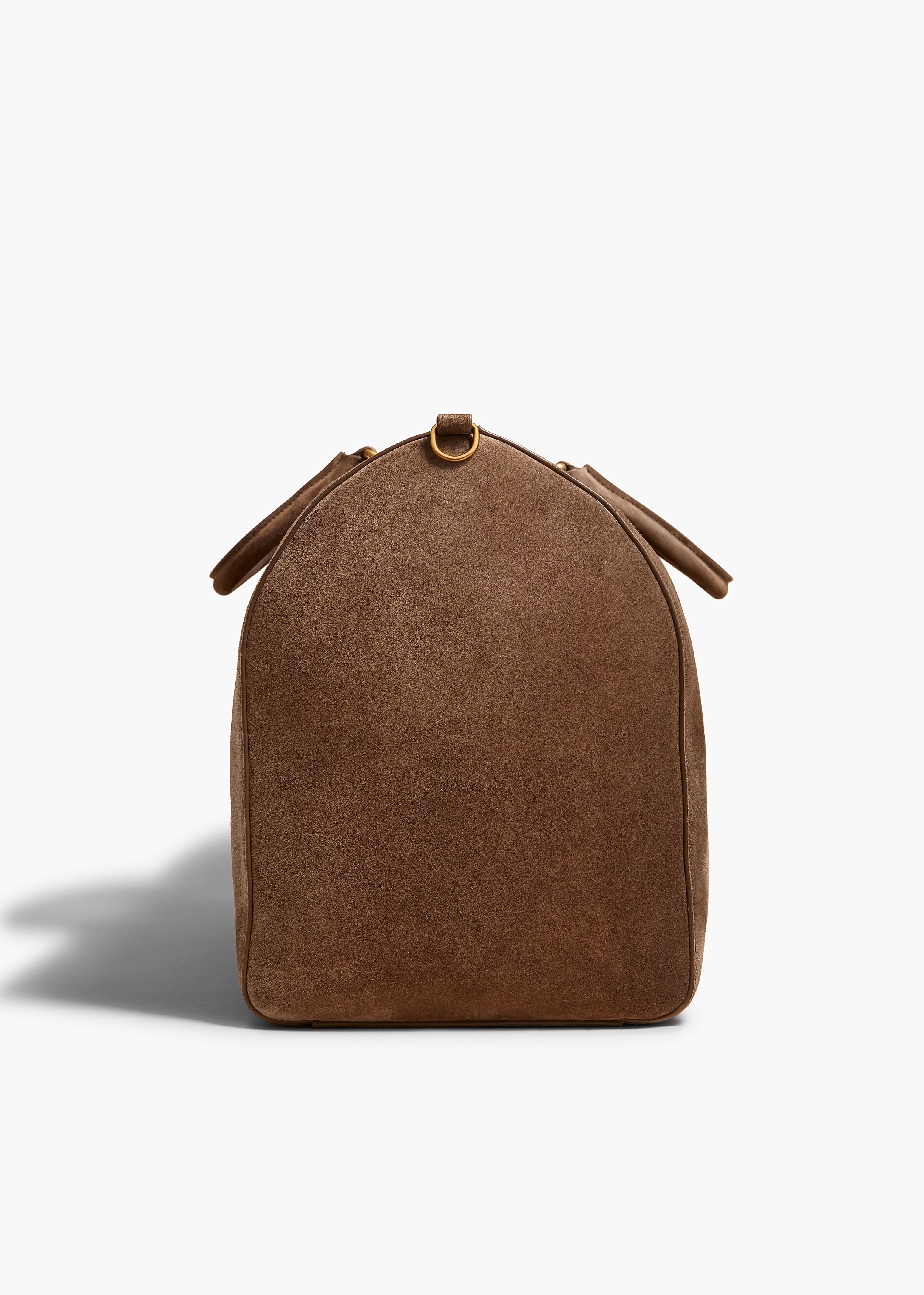 PIERRE WEEKENDER BAG IN TOFFEE SUEDE SIDE VIEW