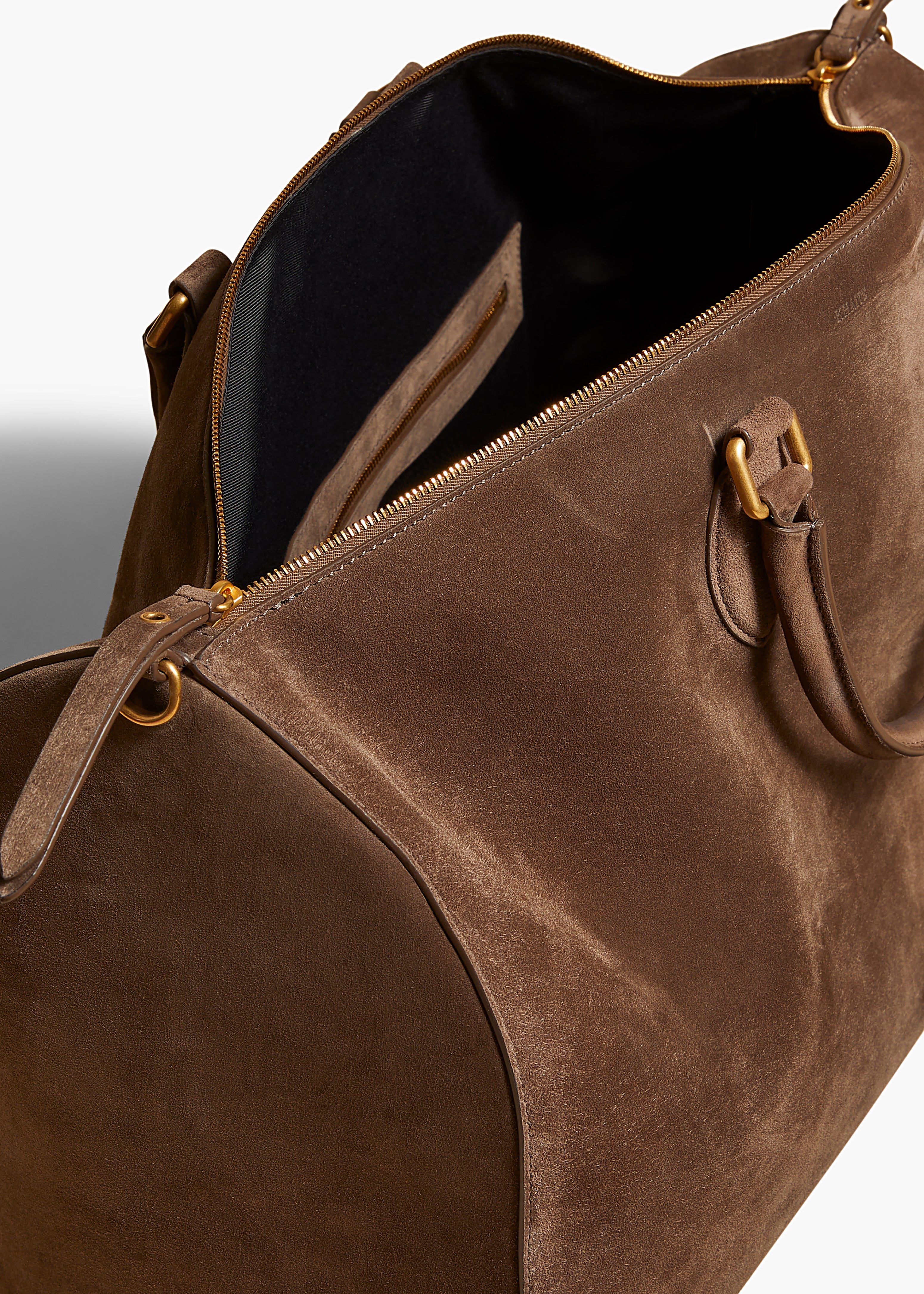 PIERRE WEEKENDER BAG IN TOFFEE SUEDE DETAILED VIEW 1