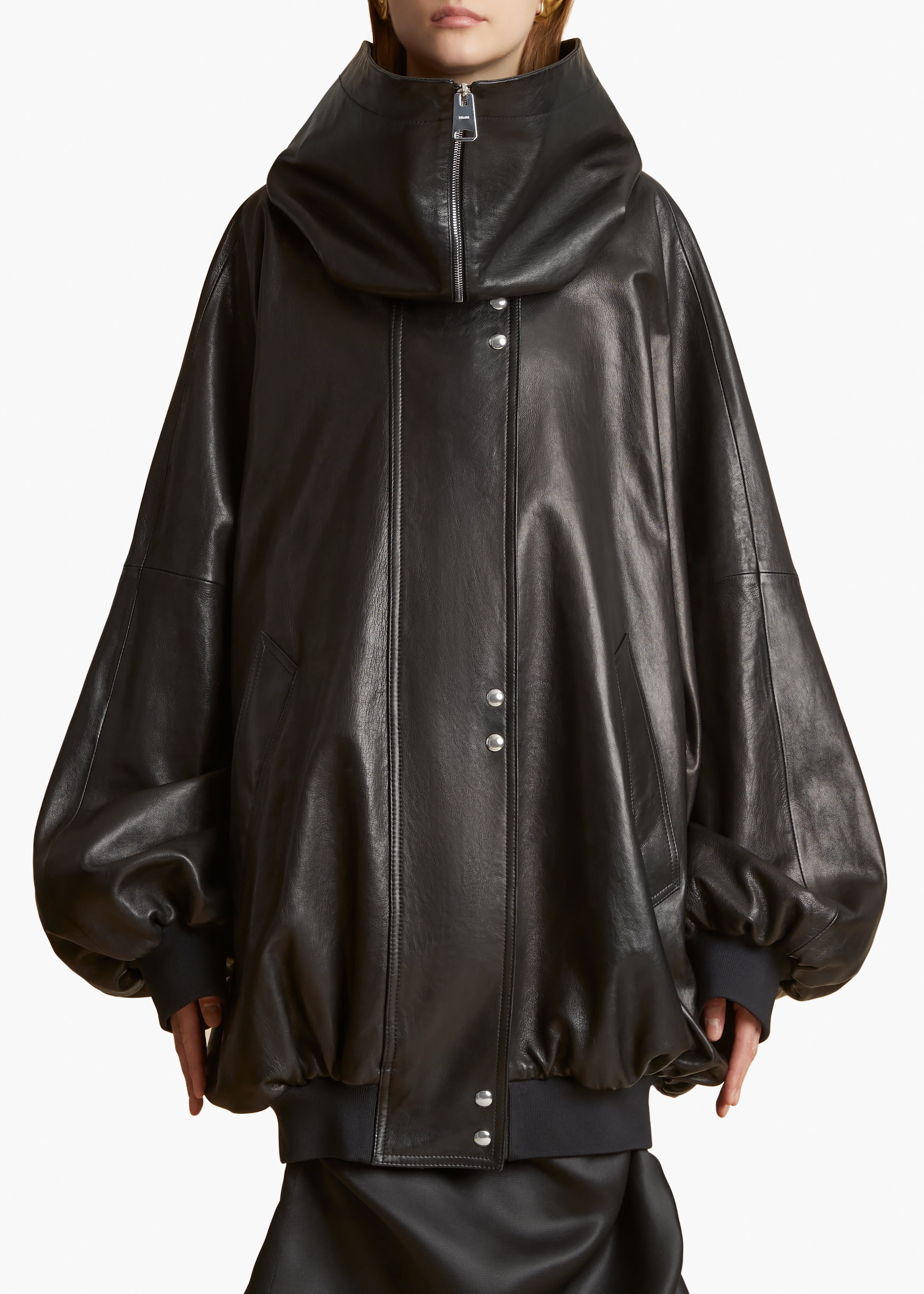 RHODA COAT IN BLACK LEATHER FRONT VIEW