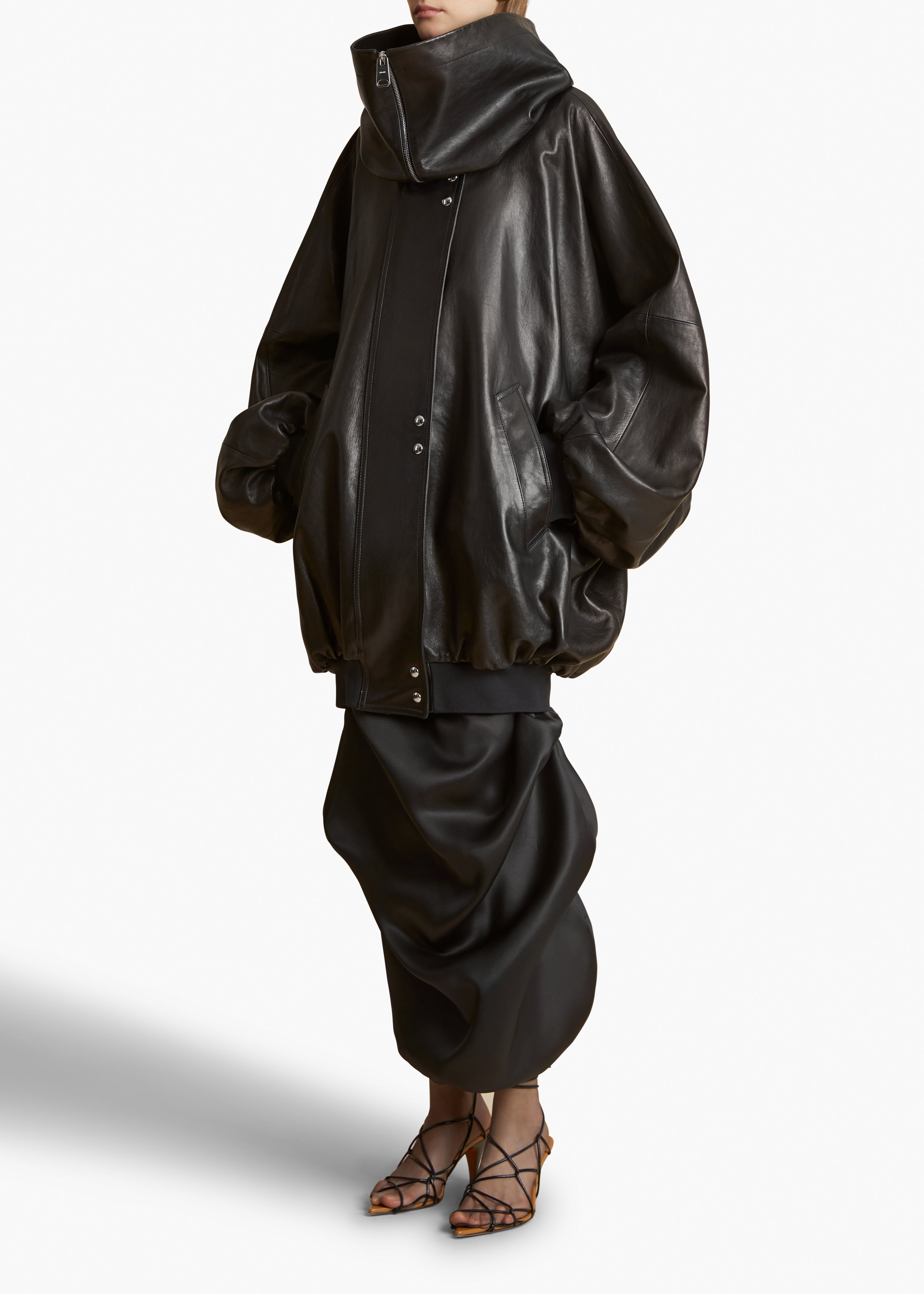 RHODA COAT IN BLACK LEATHER FRONT VIEW STYLED