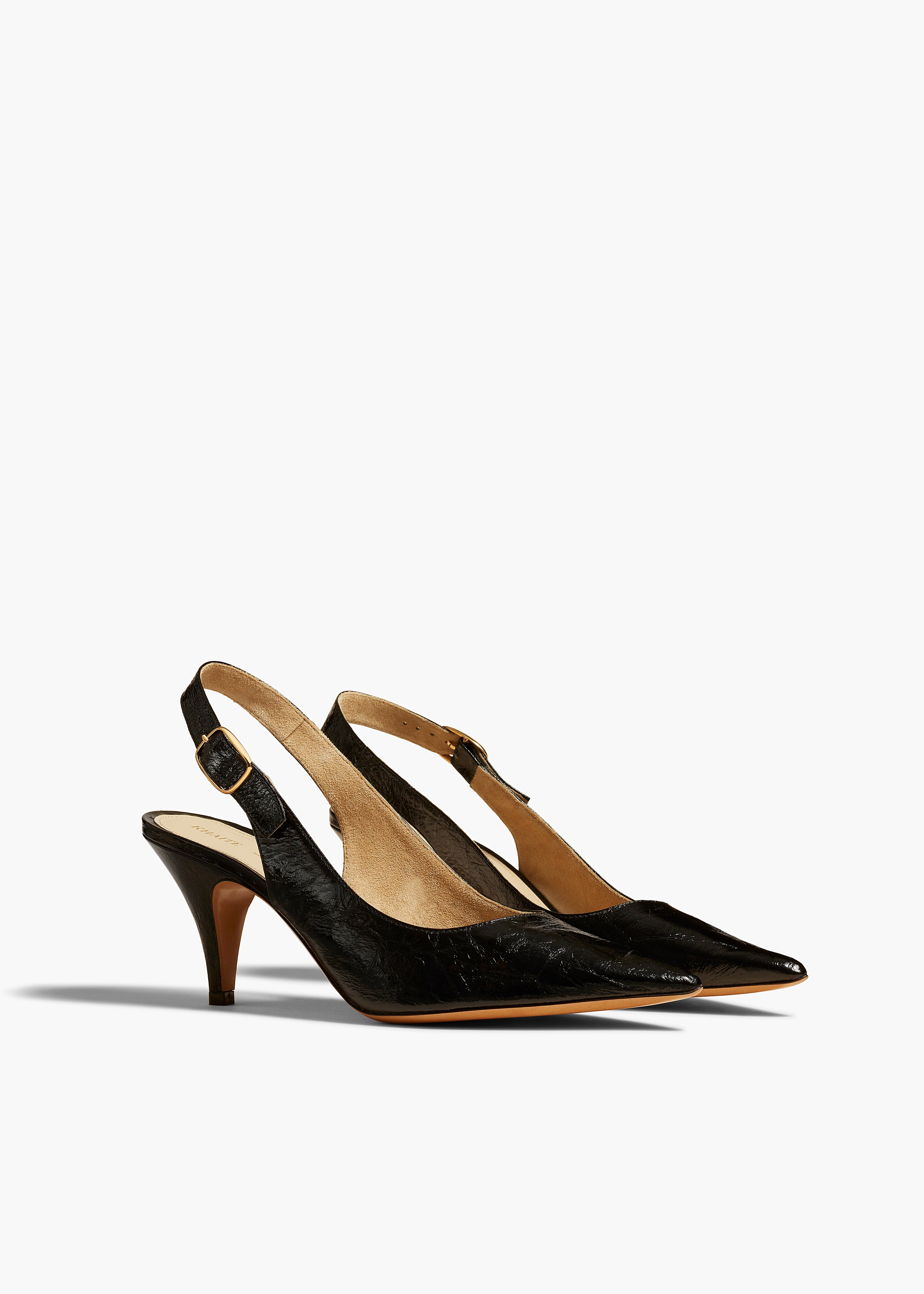 RIVER SLINGBACK PUMP IN BLACK CRINKLED LEATHER ANGLED VIEW