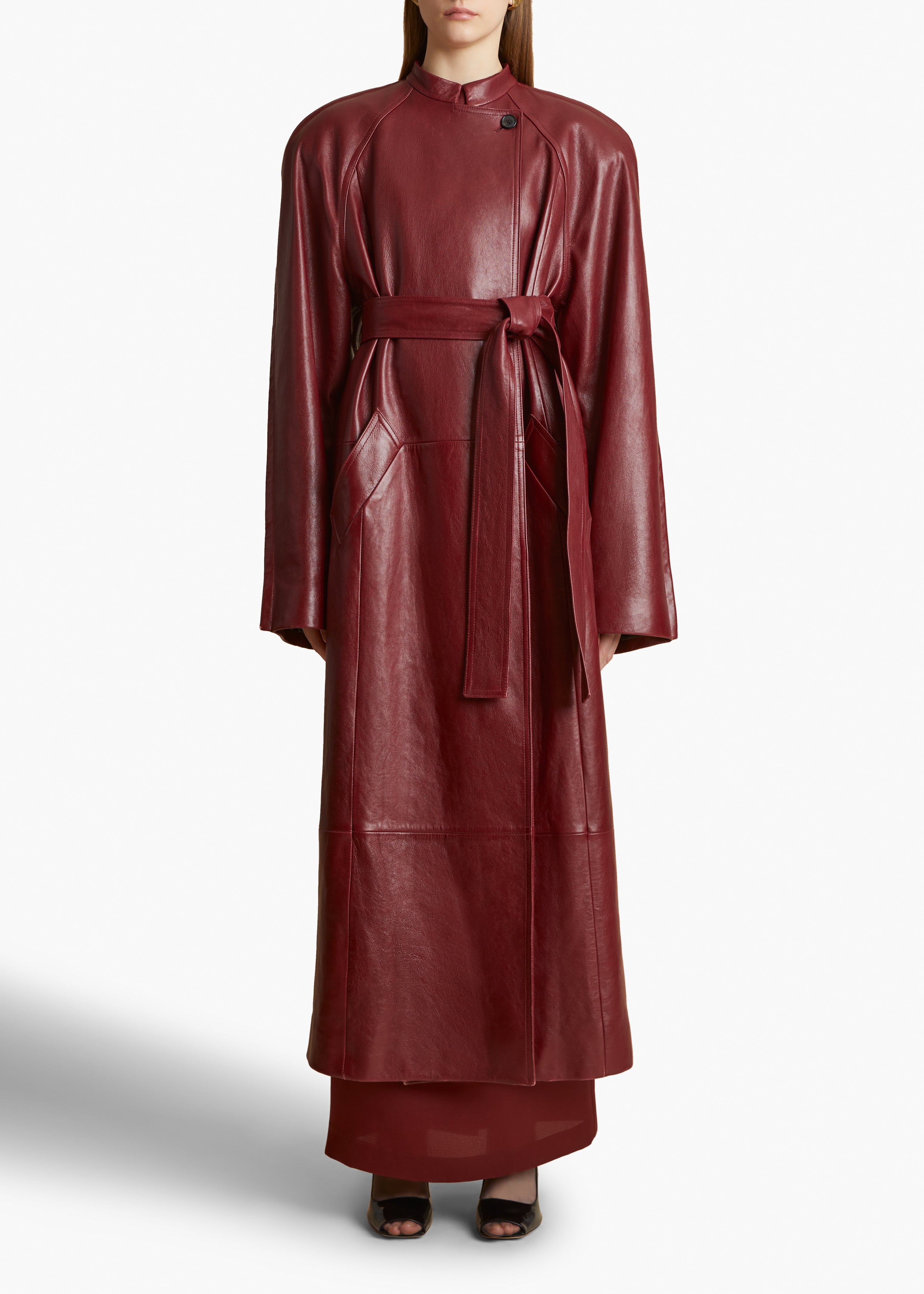 ROTHEN COAT IN OXBLOOD LEATHER FRONT VIEW