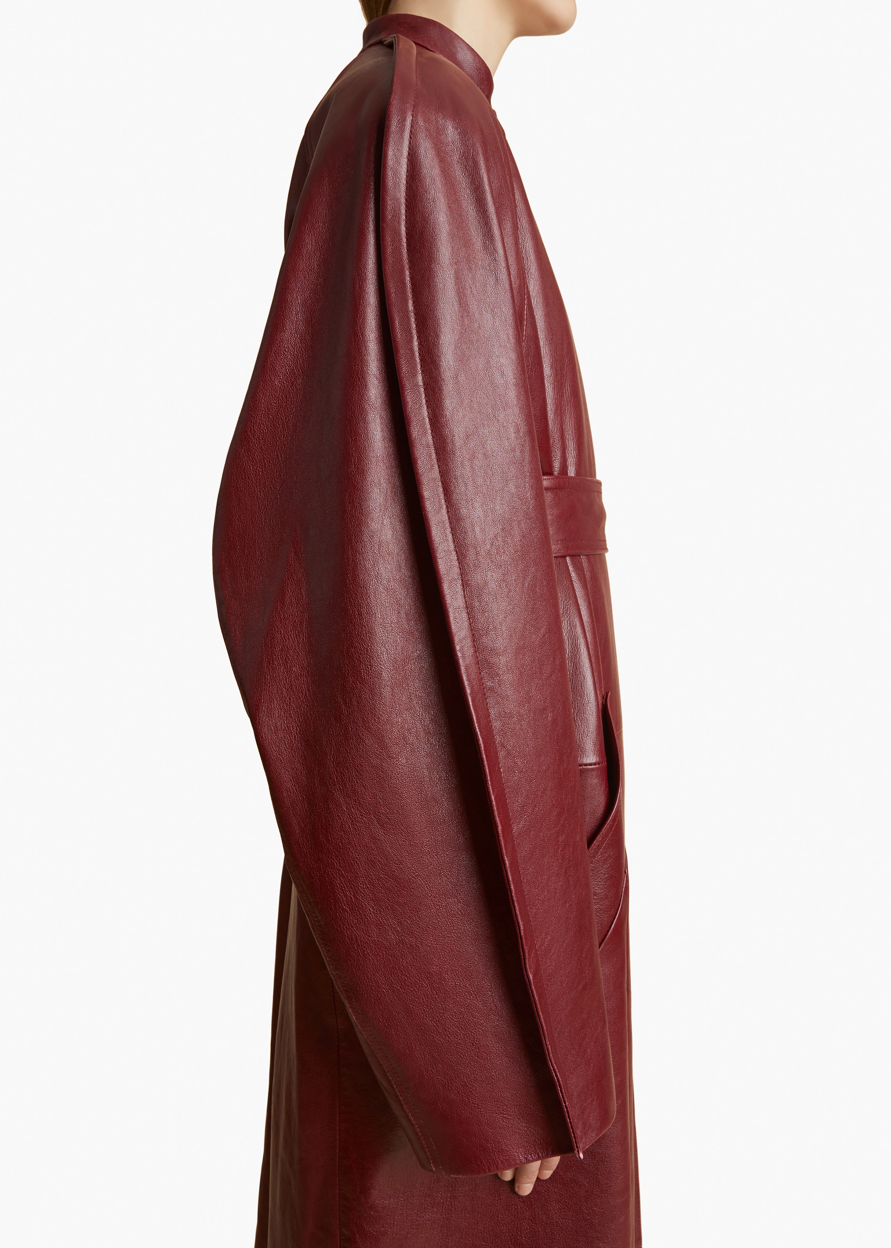 ROTHEN COAT IN OXBLOOD LEATHER DETAILED VIEW 2