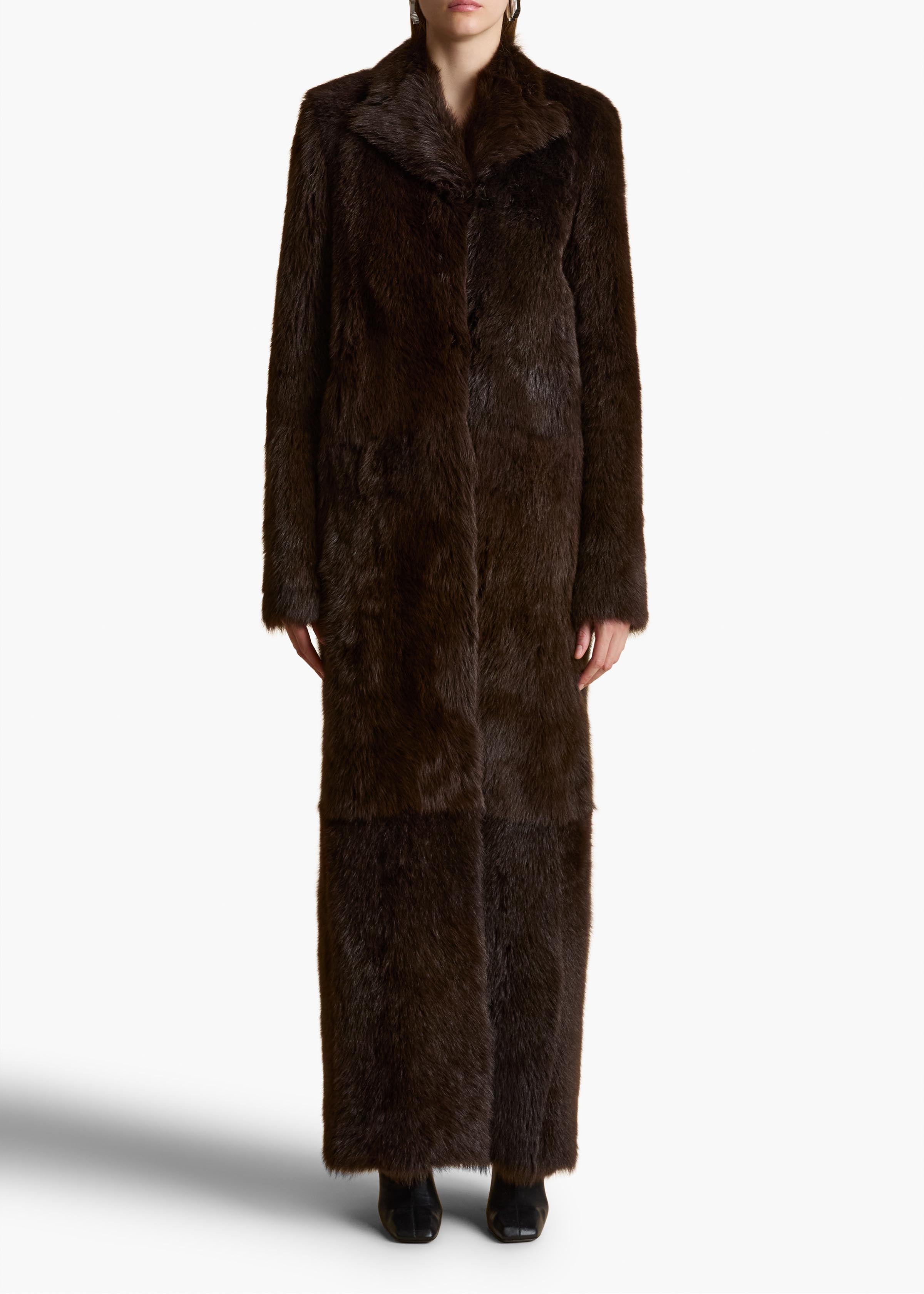 Saphra Shearling Coat in Dark Brown FRONT VIEW