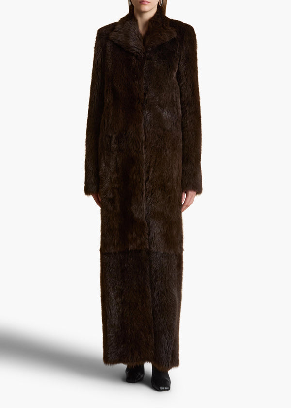 Saphra Shearling Coat in Dark Brown STYLED VIEW