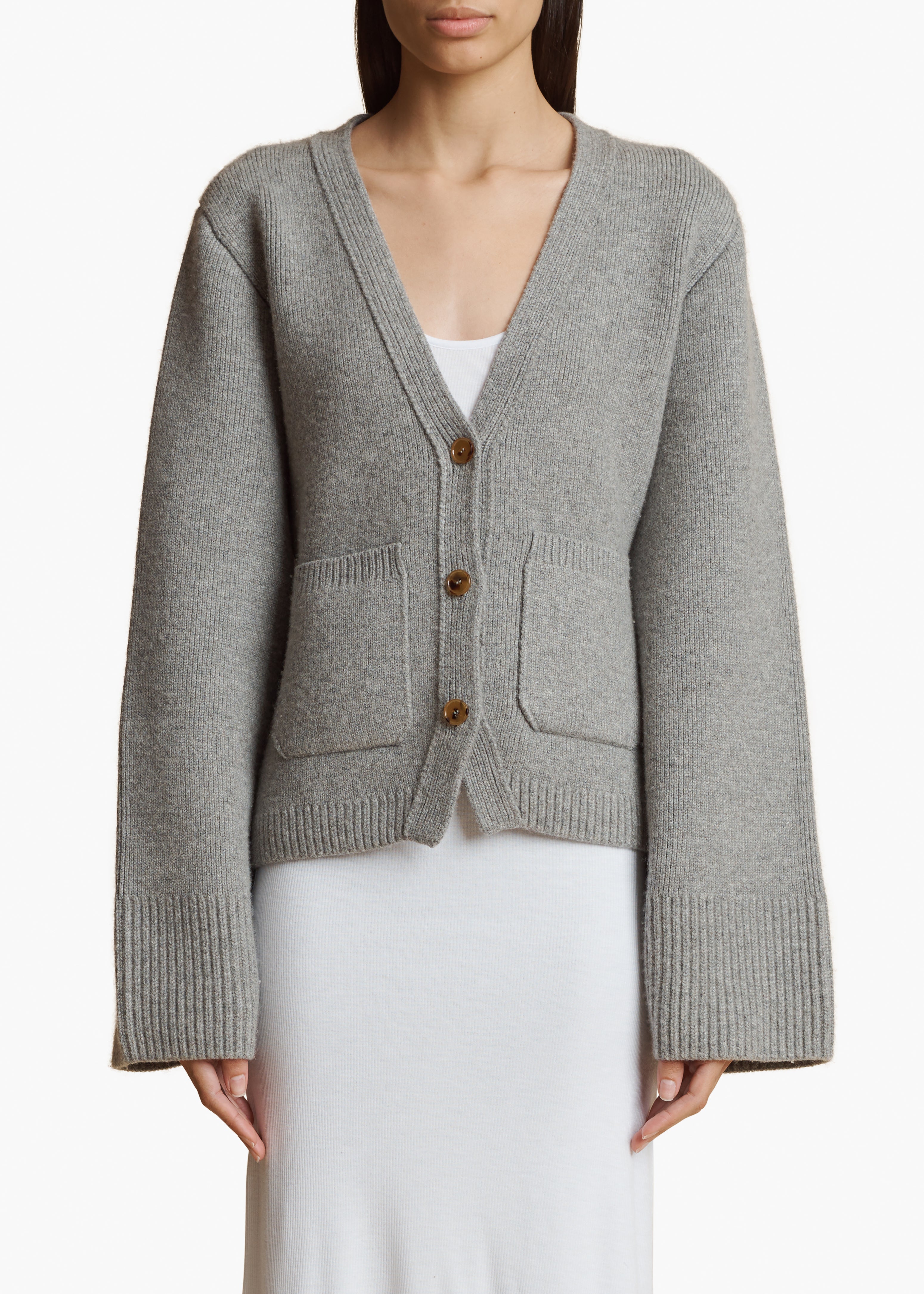 Scarlet Cardigan in Warm Grey front view