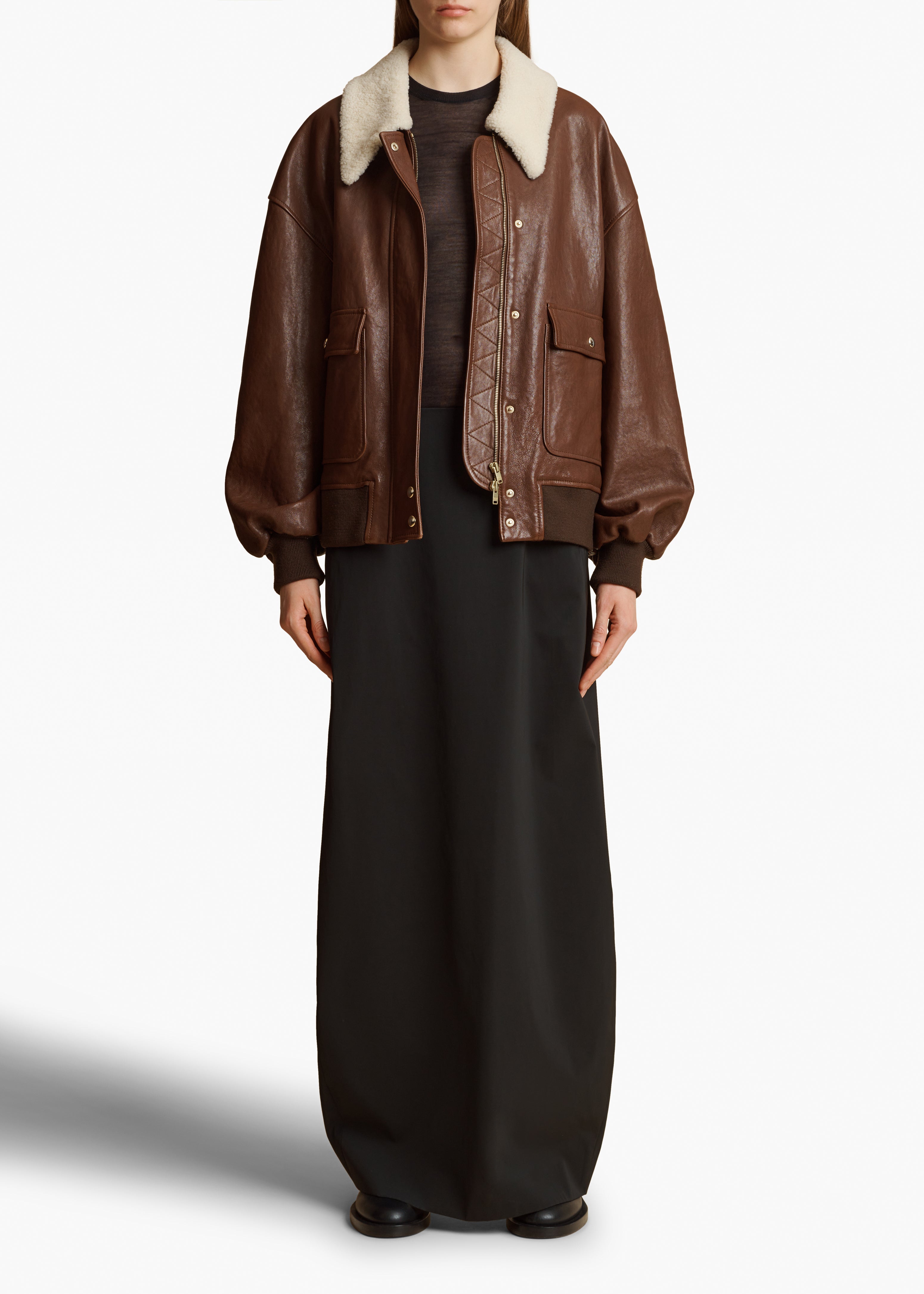 SHELLAR JACKET IN BROWN LEATHER FRONT VIEW STYLED