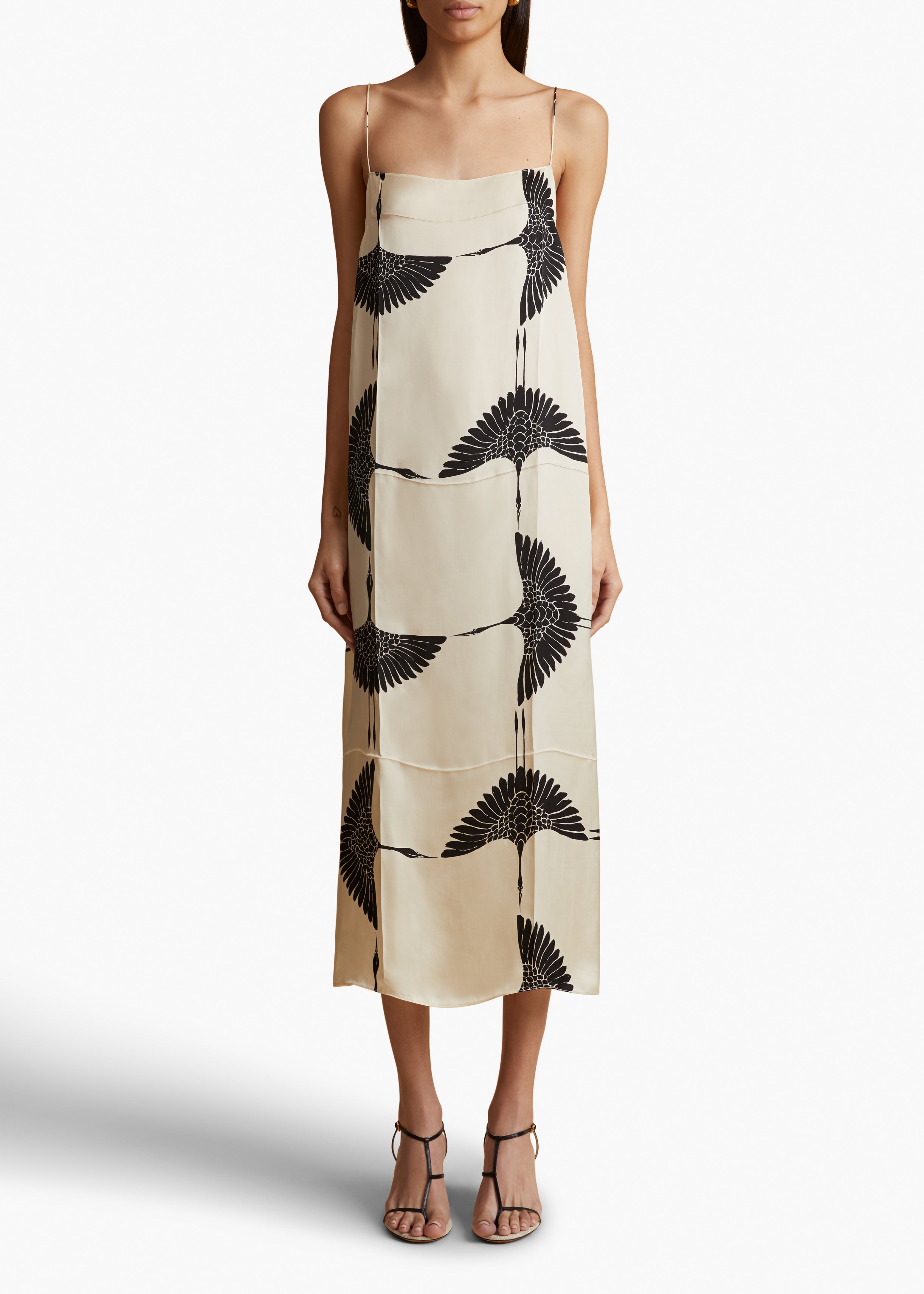 SICILY DRESS IN CREAM AND BLACK CRANE PRINT FRONT VIEW