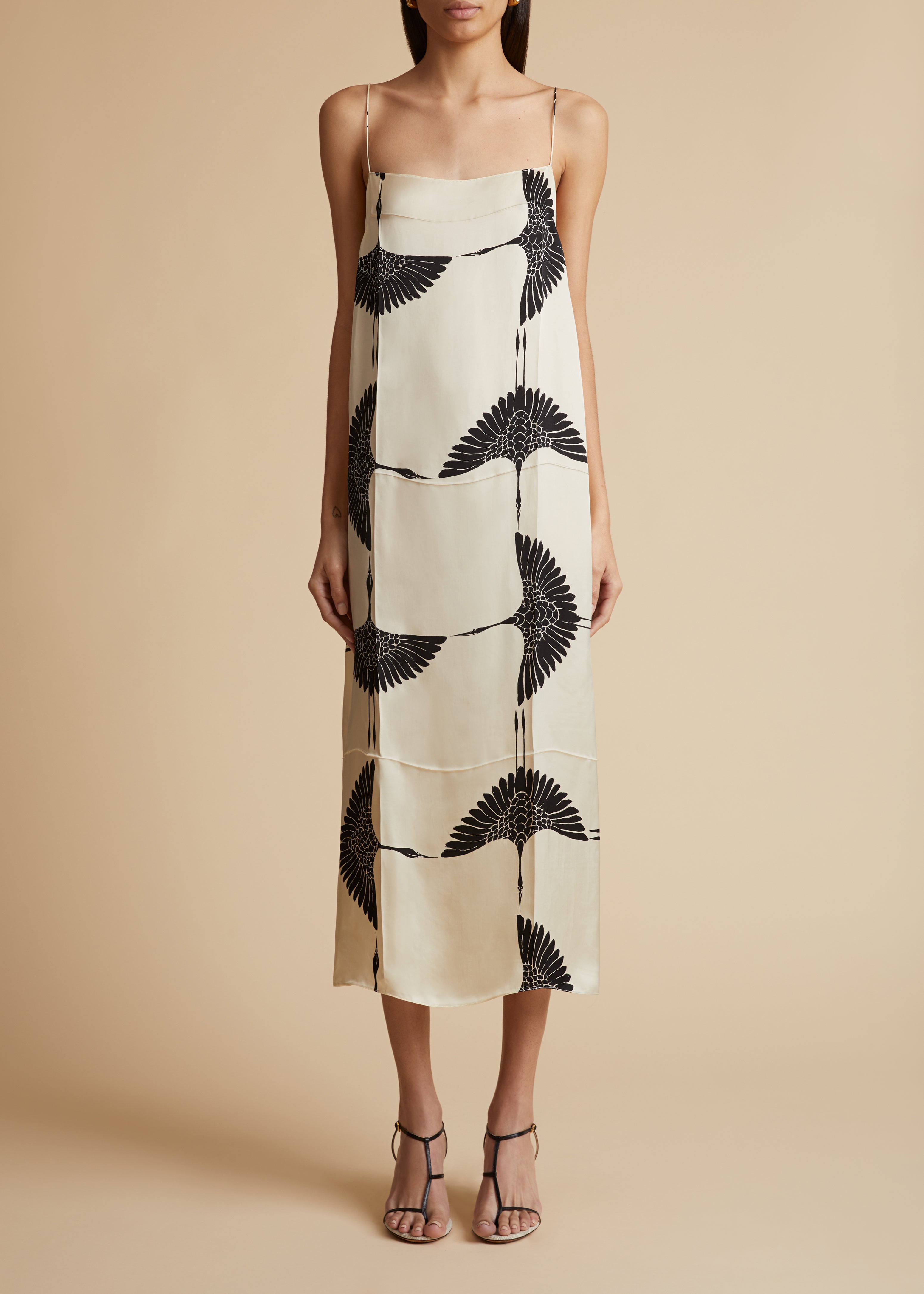 SICILY DRESS IN CREAM AND BLACK CRANE PRINT