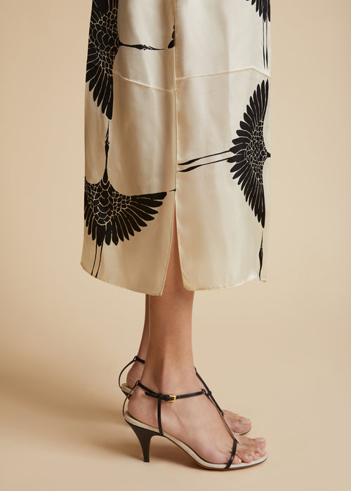 The Sicily Dress in Cream and Black Crane Print