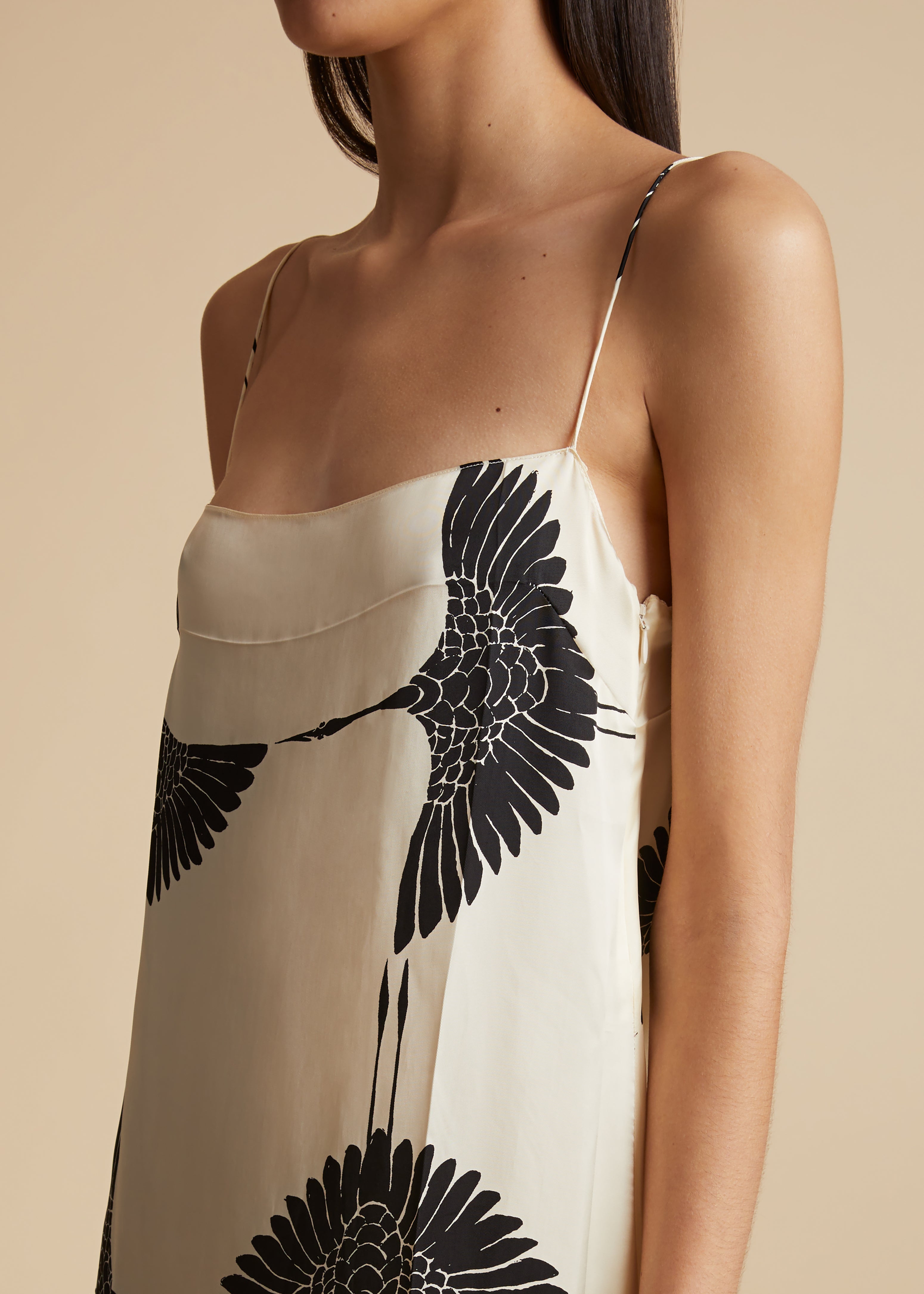 SICILY DRESS IN CREAM AND BLACK CRANE PRINT