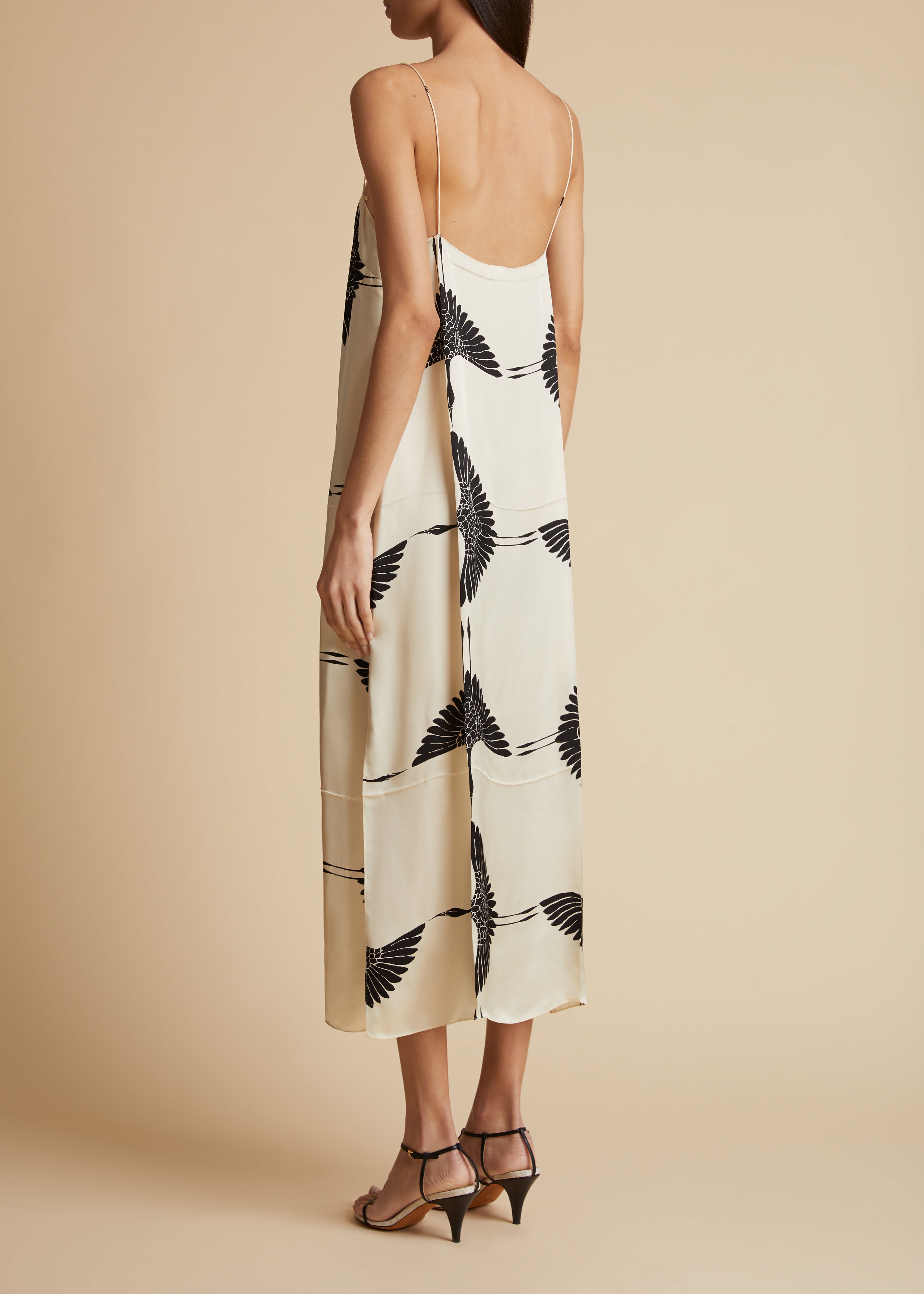 SICILY DRESS IN CREAM AND BLACK CRANE PRINT