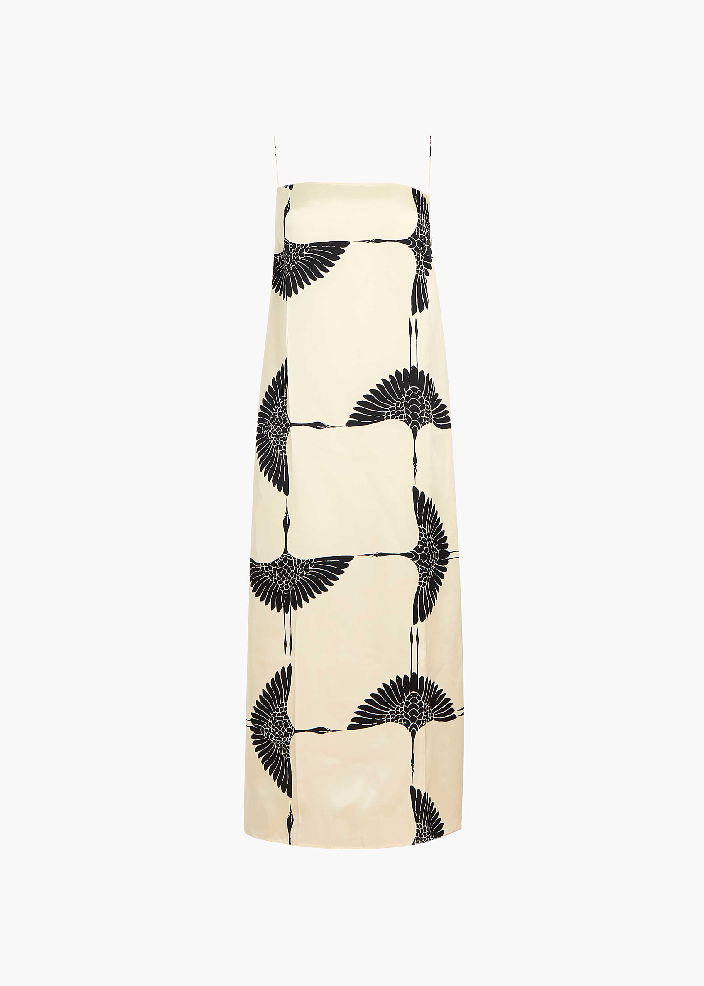 SICILY DRESS IN CREAM AND BLACK CRANE PRINT FLAT VIEW