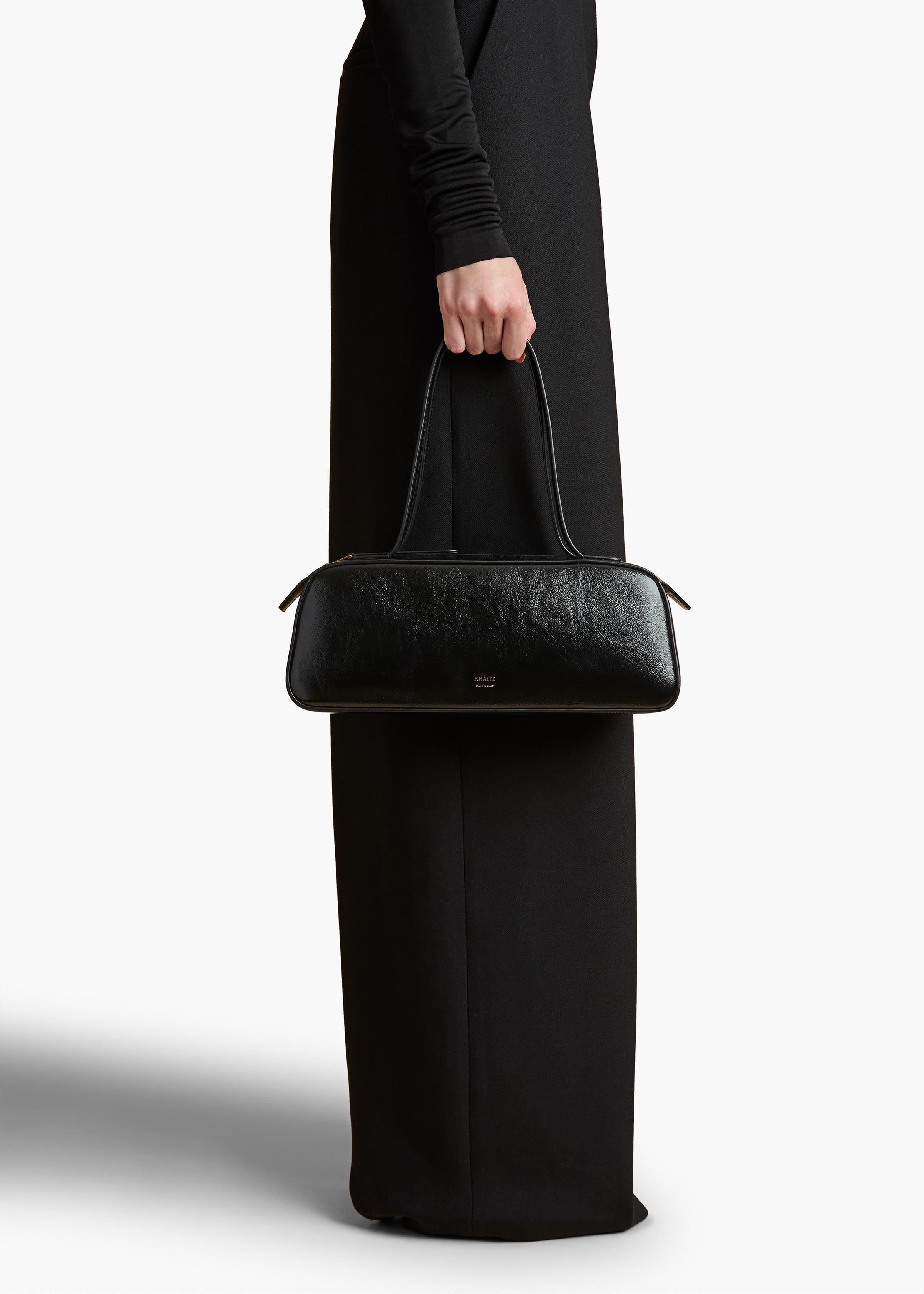 Simona Shoulder Bag in Black Crackle Patent Leather ON FIGURE