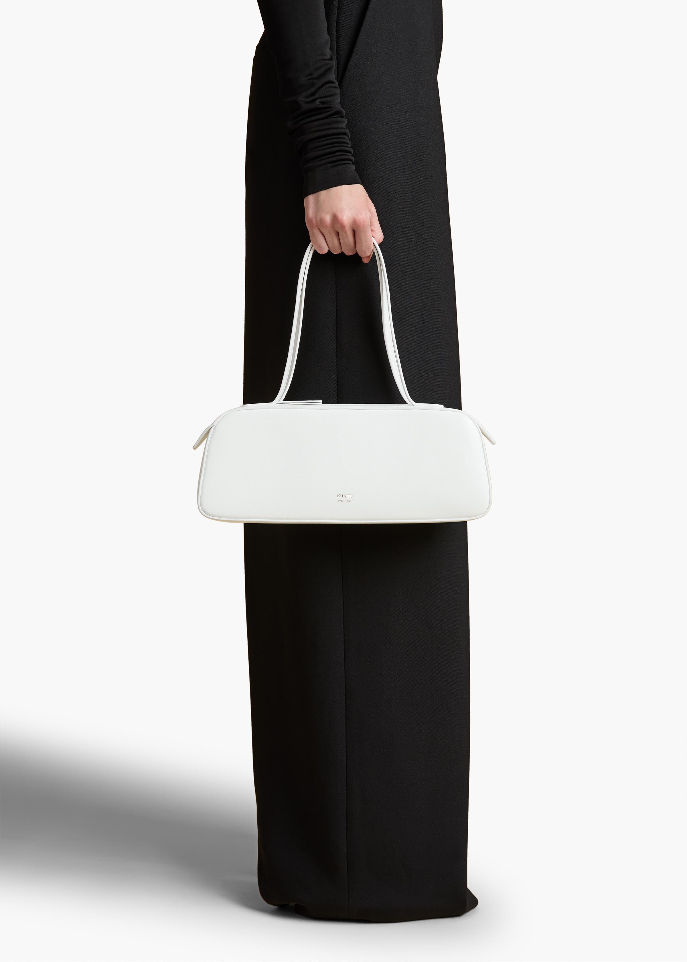 Simona Shoulder Bag in Optic White Crackle Patent Leather ON FIGURE