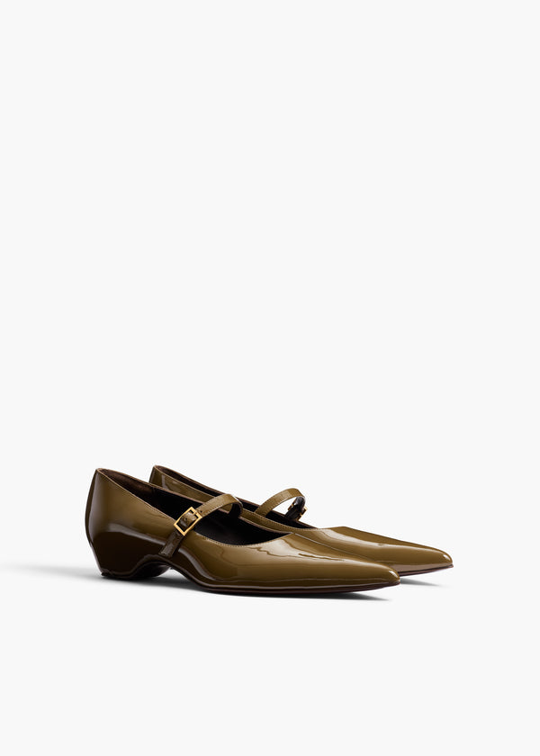 Sybil Mary Jane Flat in Dark Olive Patent Leather ANGLED VIEW