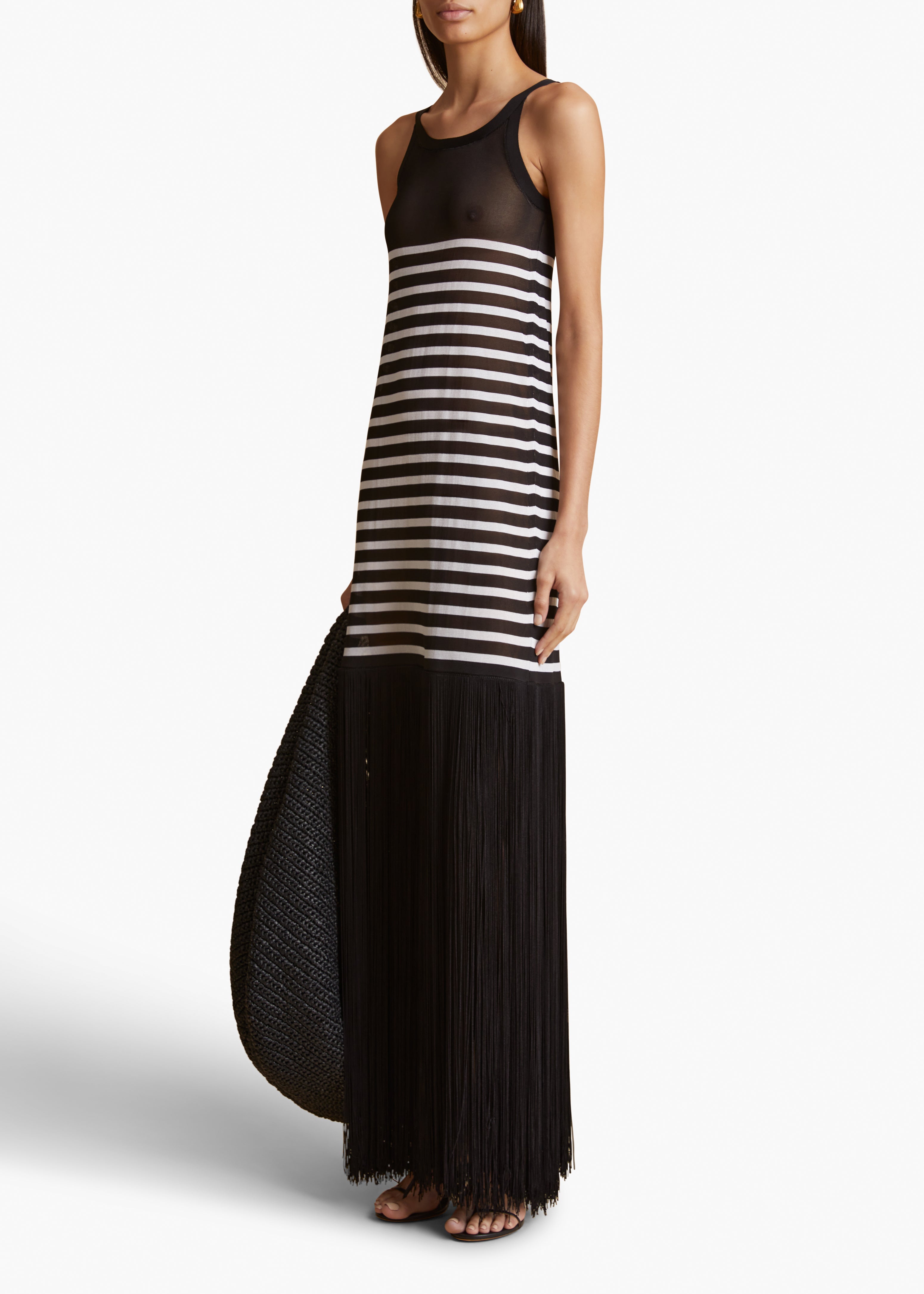 TENYSI DRESS IN BLACK AND GLAZE STRIPE FRONT VIEW STYLED