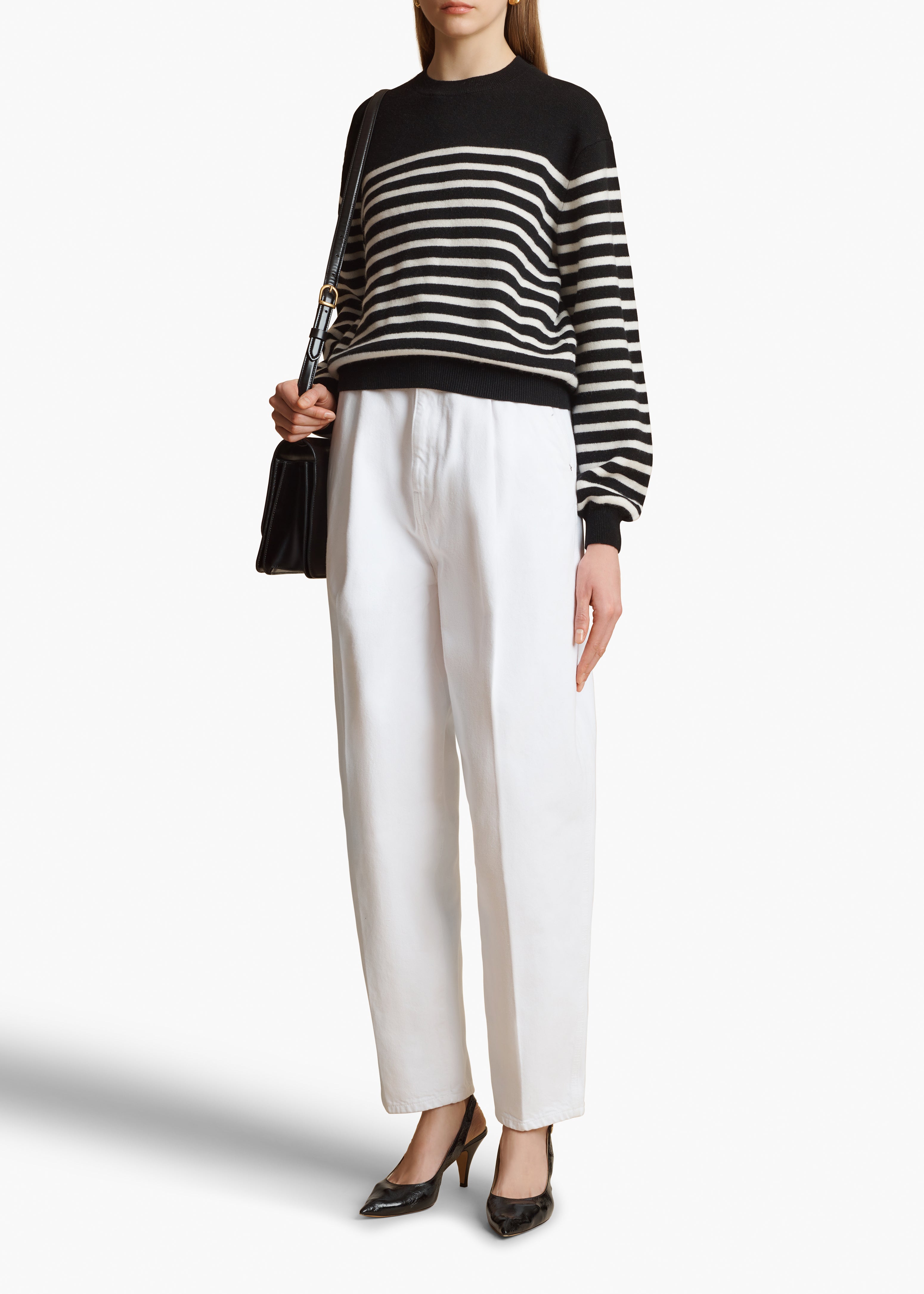 VIOLA SWEATER IN BLACK IVORY STRIPE FRONT VIEW STYLED