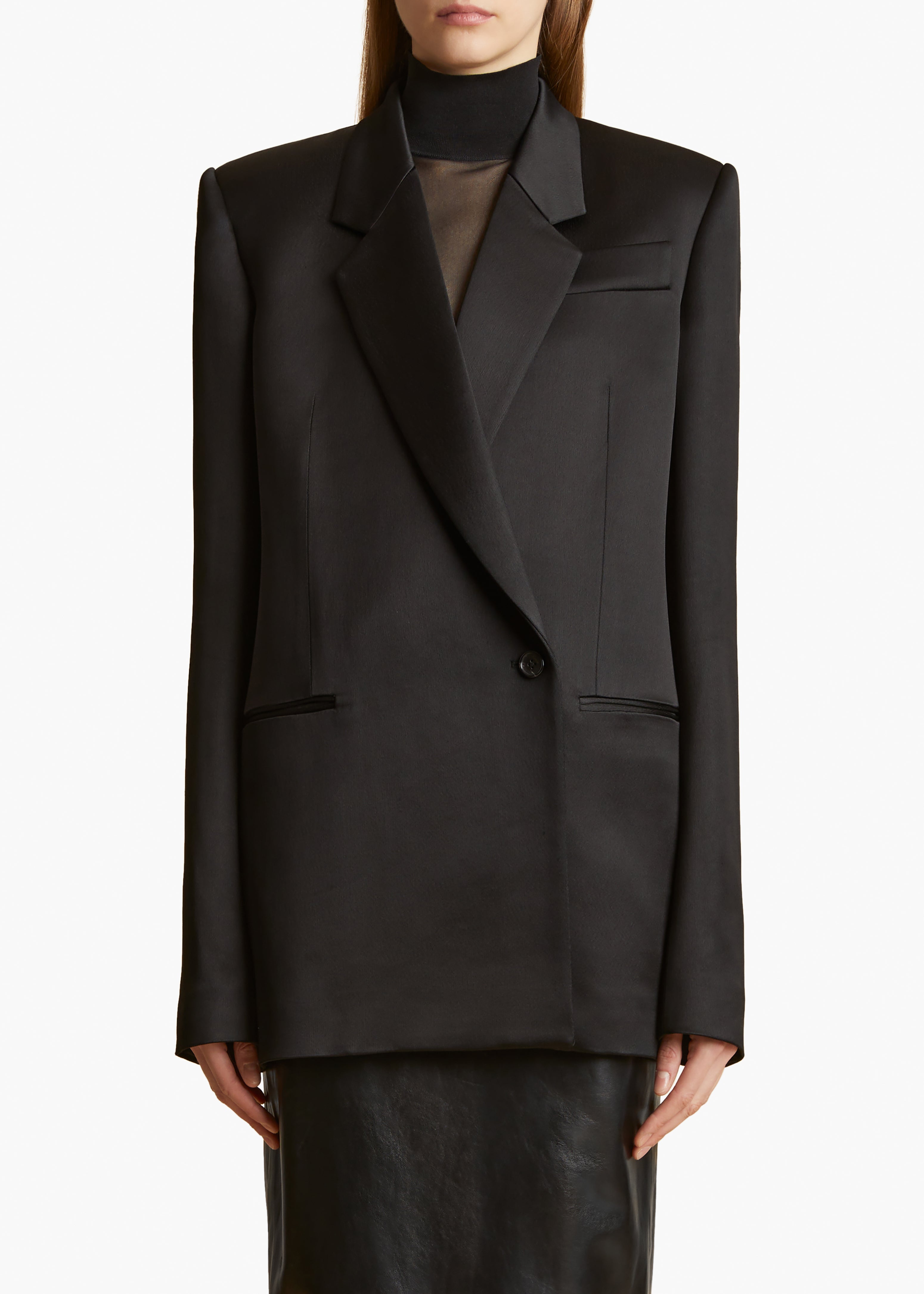 WILLOW BLAZER IN BLACK SATIN FRONT VIEW