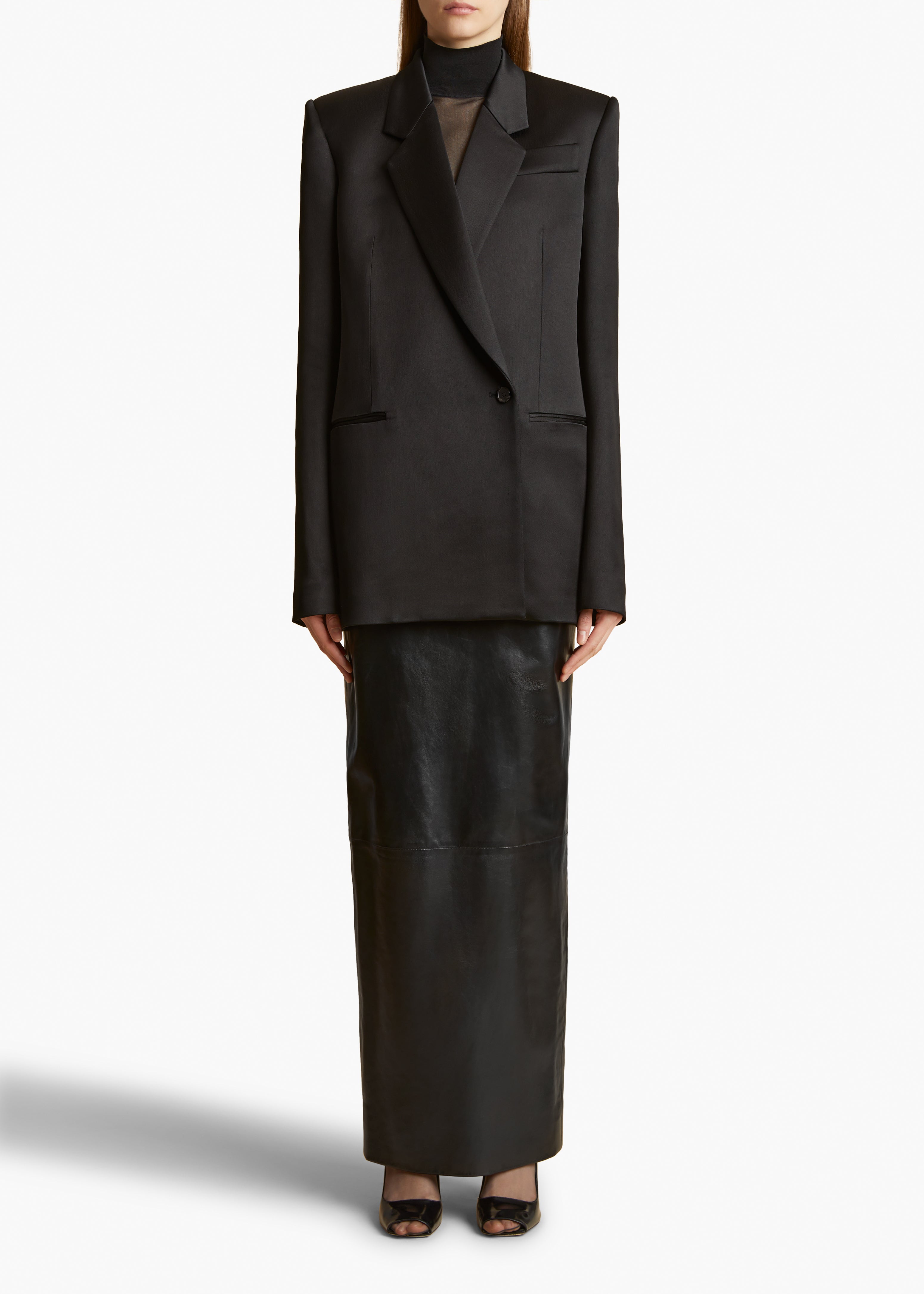 WILLOW BLAZER IN BLACK SATIN FRONT VIEW STYLED