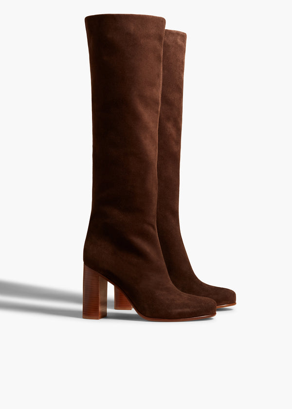 WILLOW KNEE HIGH BOOT IN DARK BROWN SUEDE ANGLED VIEW