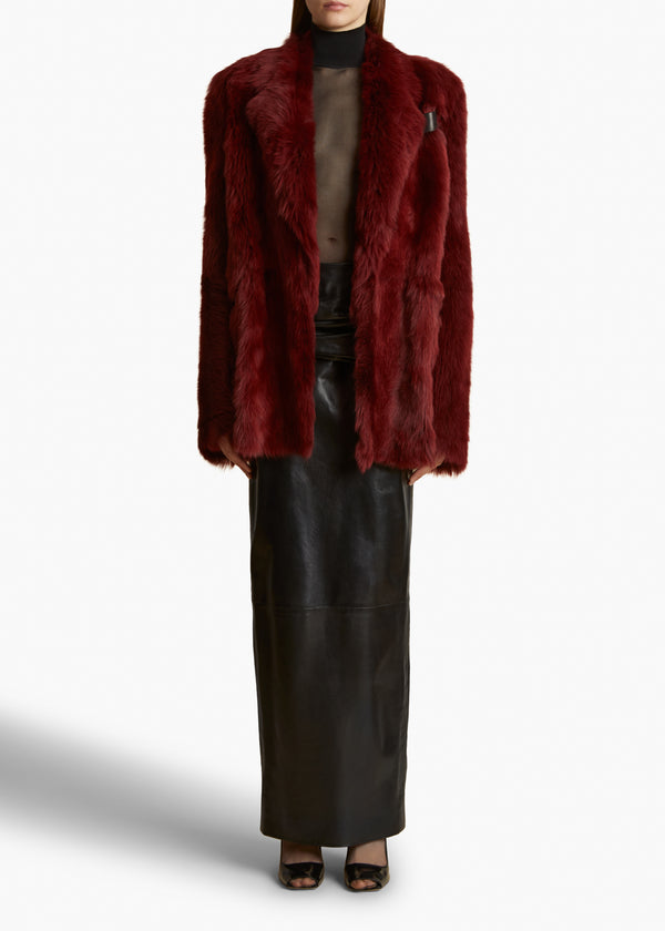 WILLOW BLAZER IN OXBLOOD SHEARLING FRONT VIEW STYLED