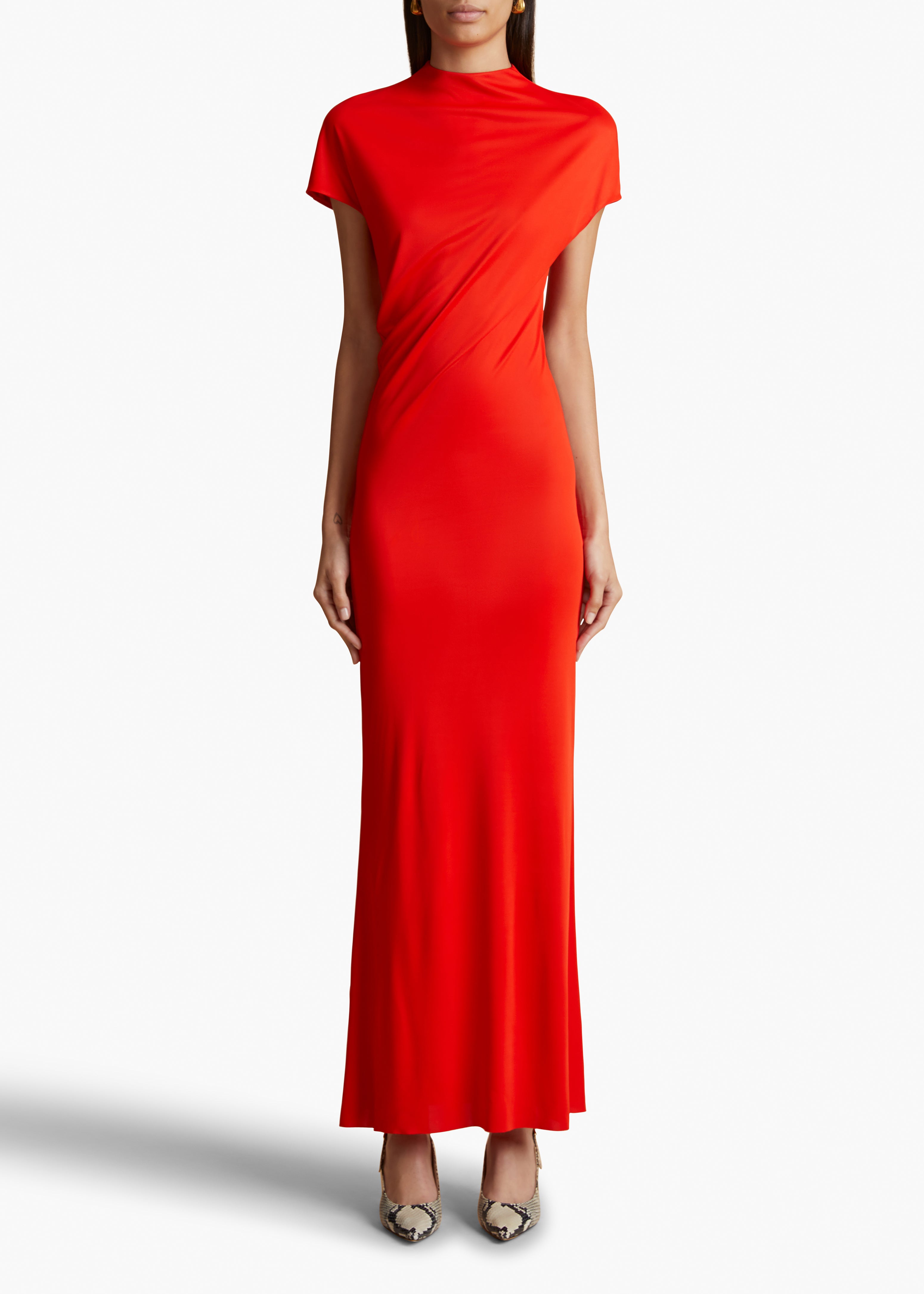 YENZA DRESS IN FIRE RED FRONT VIEW