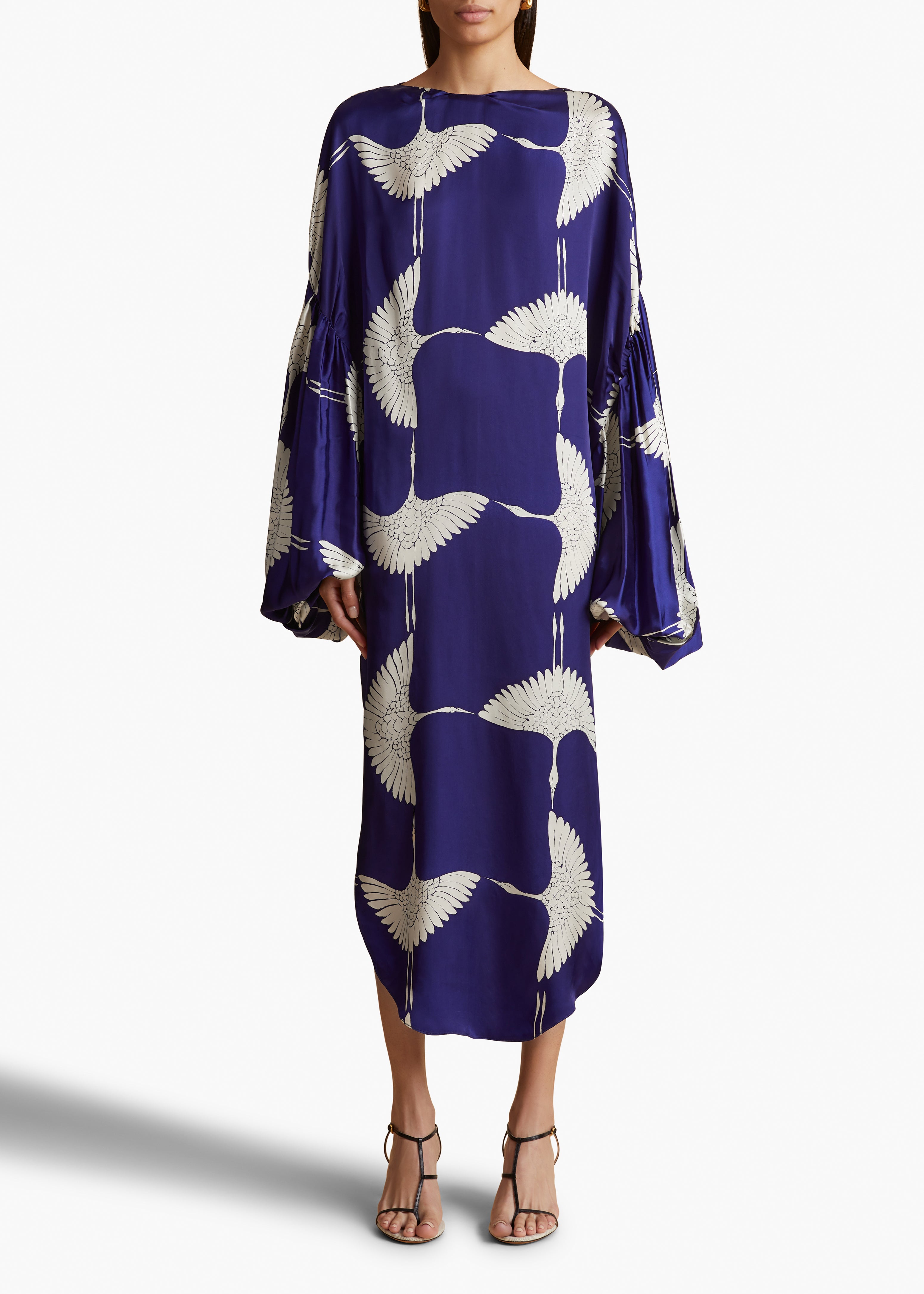 ZELMA DRESS IN COBALT AND CREAM CRANE PRINT FRONT VIEW