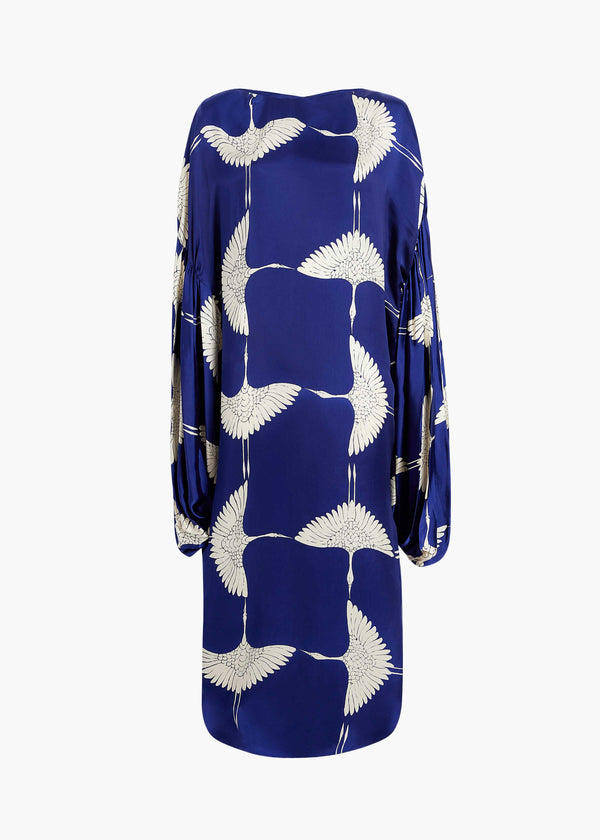 ZELMA DRESS IN COBALT AND CREAM CRANE PRINT FLAT VIEW