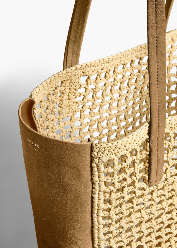 Zoe Tote in Natural Raffia with Mud Suede