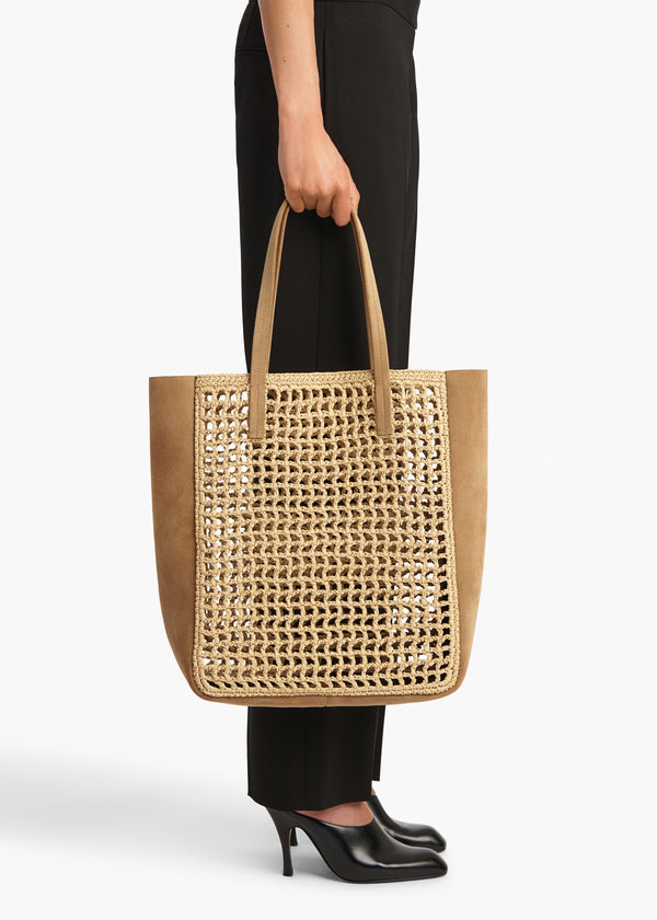 Zoe Tote in Natural Raffia with Mud Suede