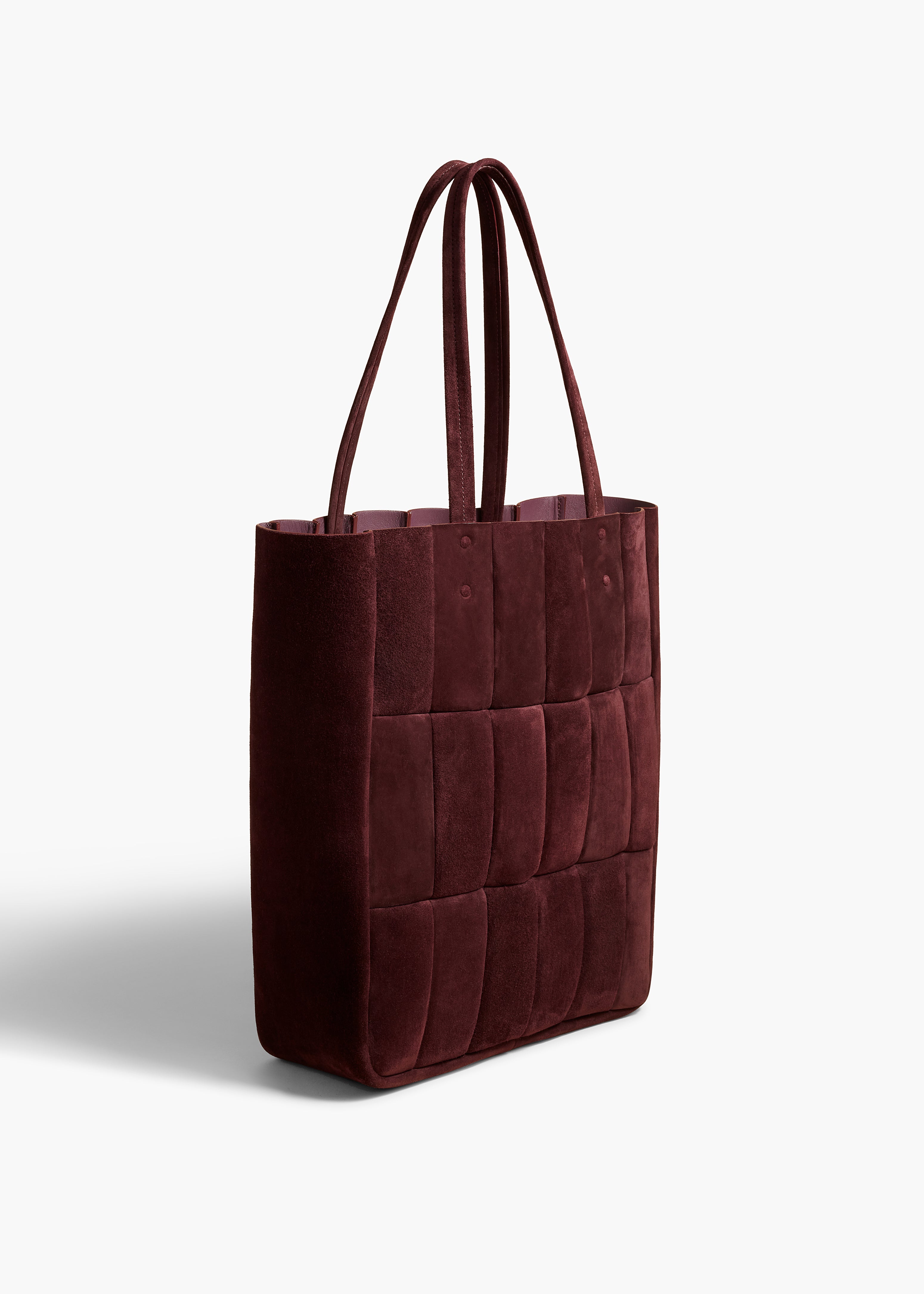 ZOE TOTE IN ROUGE NOIR SUEDE ANGLED VIEW