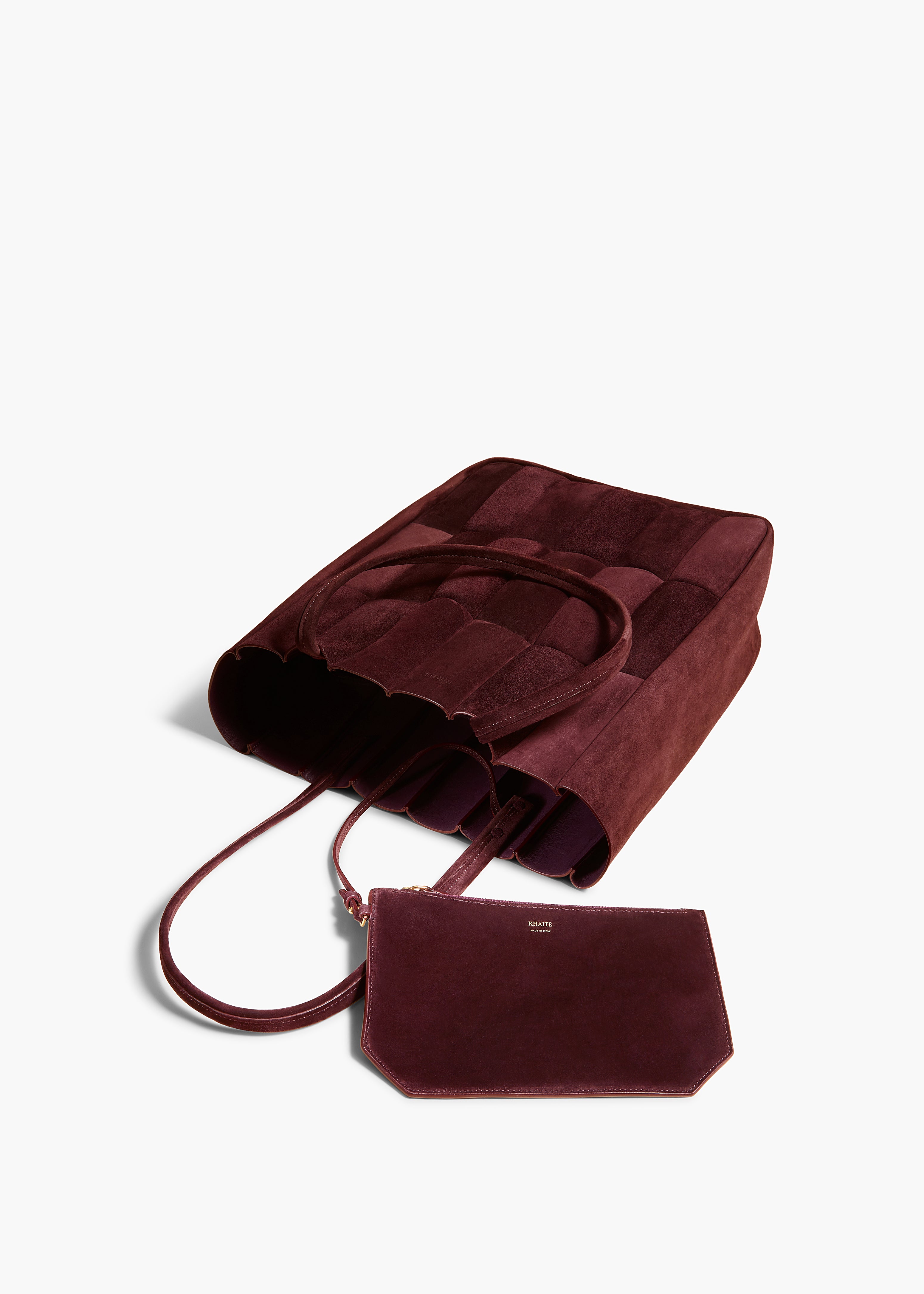 ZOE TOTE IN ROUGE NOIR SUEDE INTERIOR VIEW