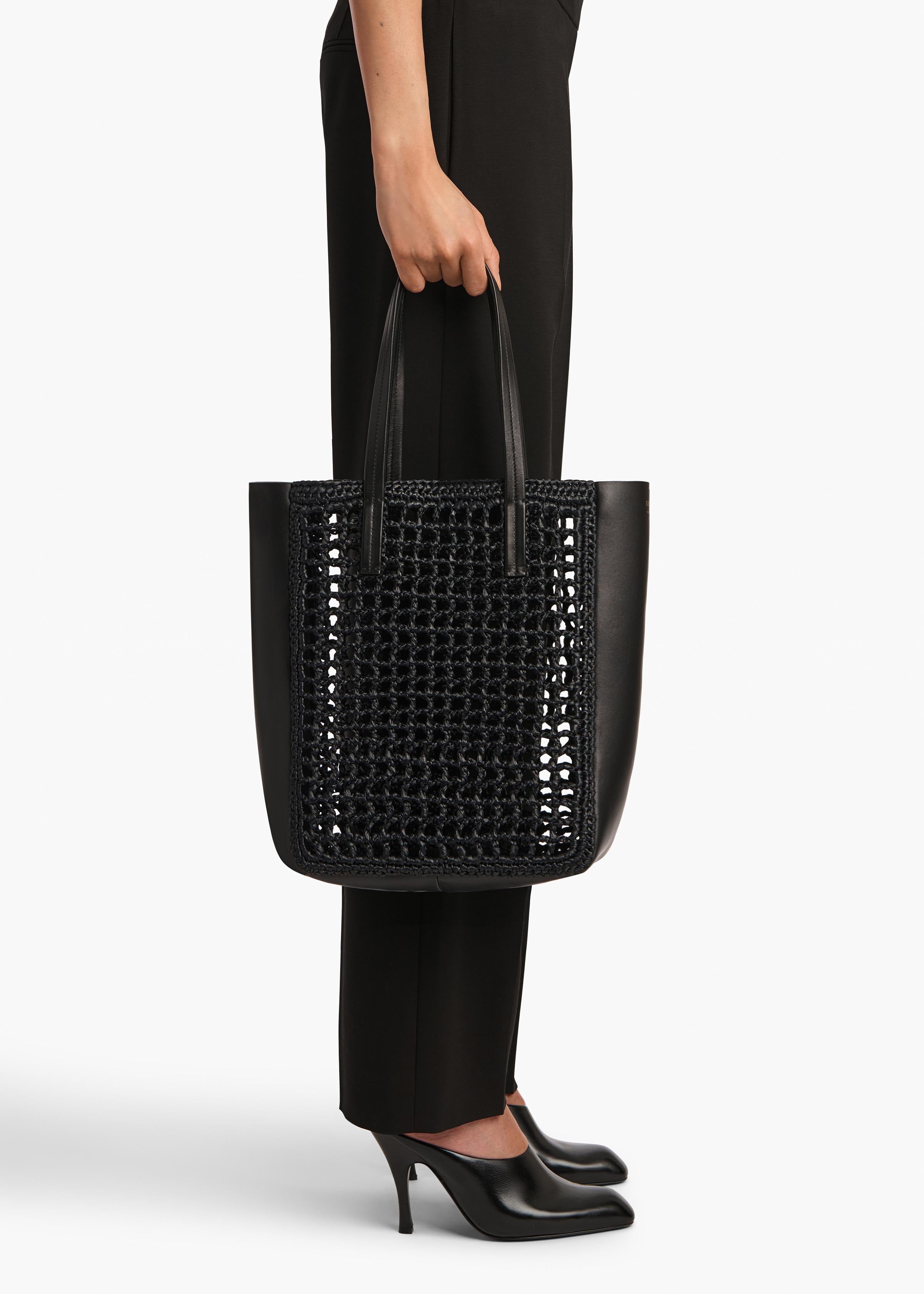 Small Zoe Tote in Black Raffia with Black Leather