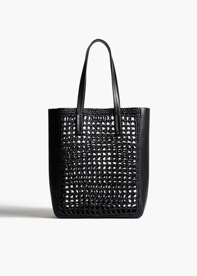 Small Zoe Tote in Black Raffia with Black Leather FRONT VIEW