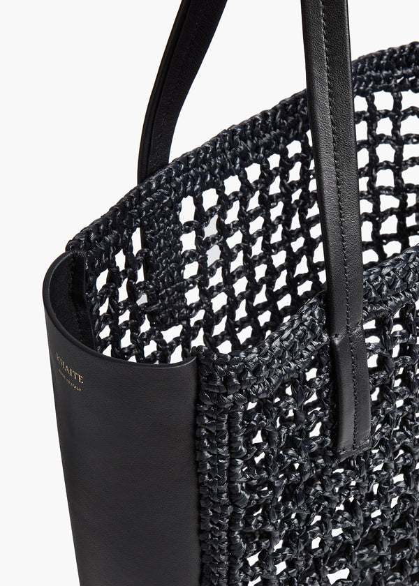 Small Zoe Tote in Black Raffia with Black Leather DETAILED VIEW