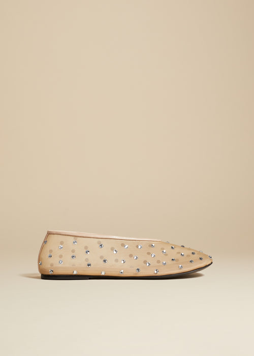 The Marcy Flat in Beige Mesh with Crystals